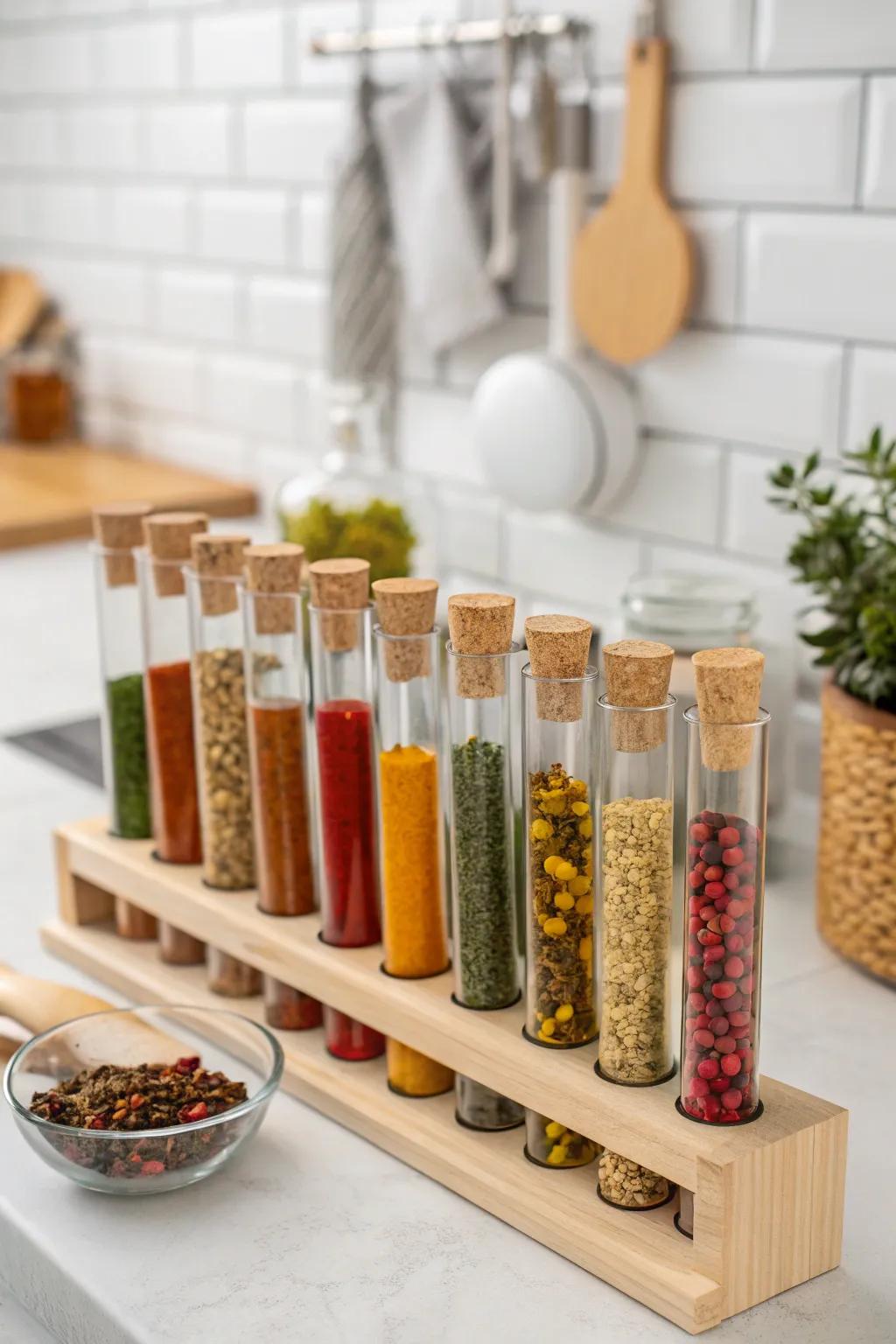 Laboratory tubes populated with seasonings or teas present a distinctive presentation.
