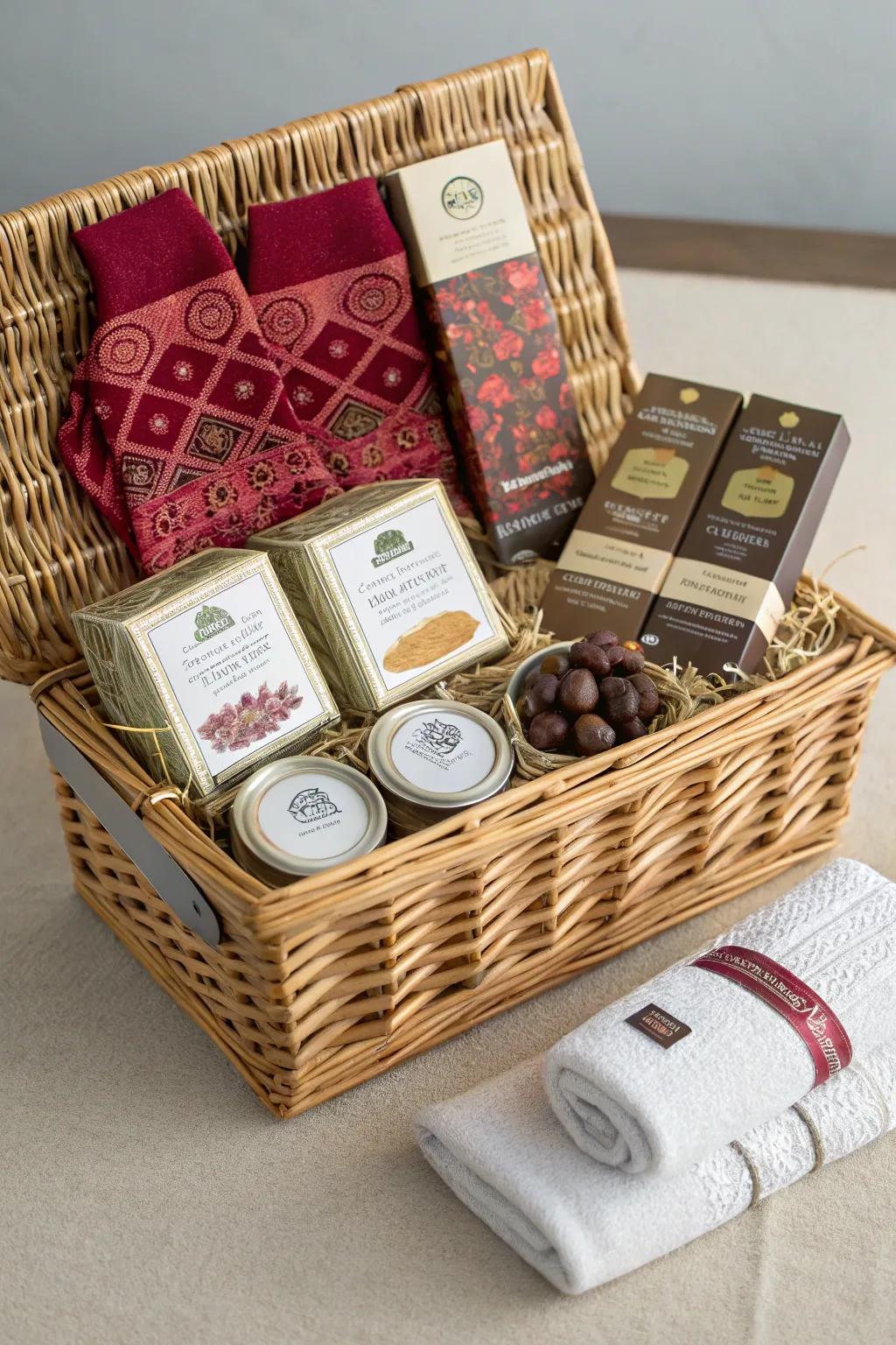 Gift baskets provide an enjoyable combination of treats and surprises for the guests.