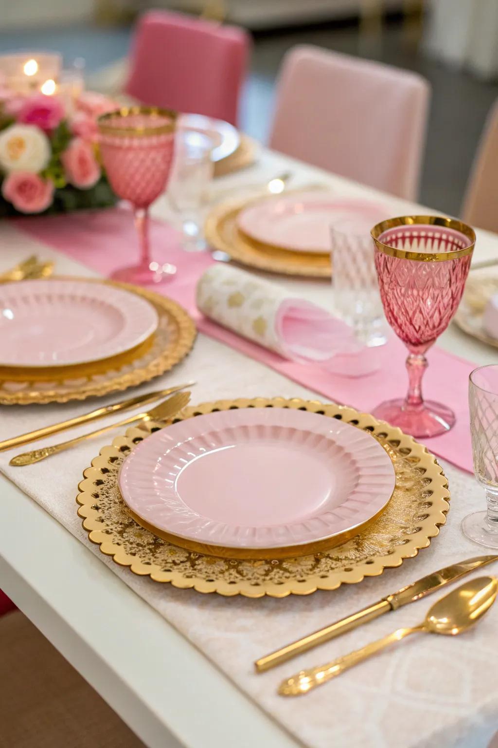 An elegant table arrangement featuring matching pink and gold tableware.