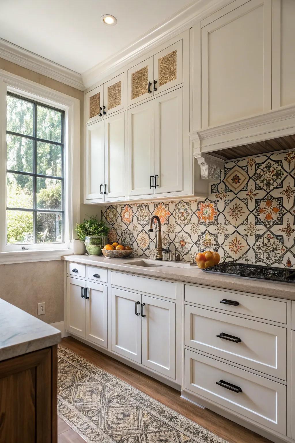 Arabesque tiles add pattern and dimension to a sleek white kitchen.