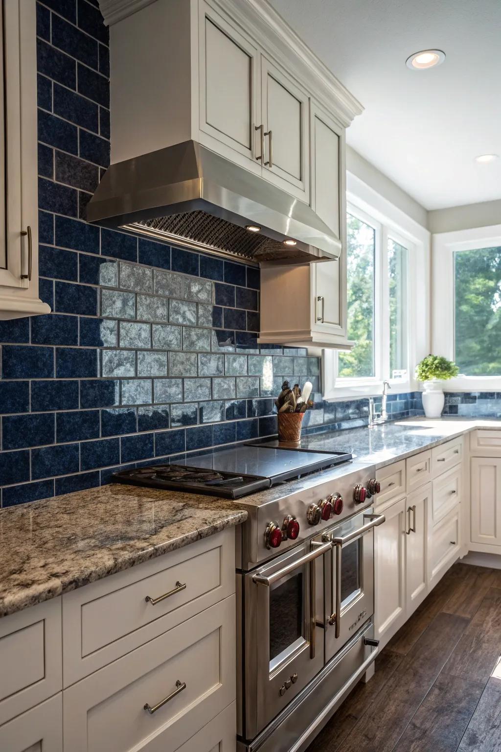 Deep indigo tiles present a compelling contrast against fantasy brown granite.