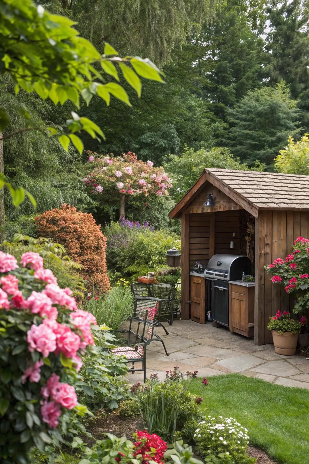 A tranquil garden hideaway with a BBQ gazebo.
