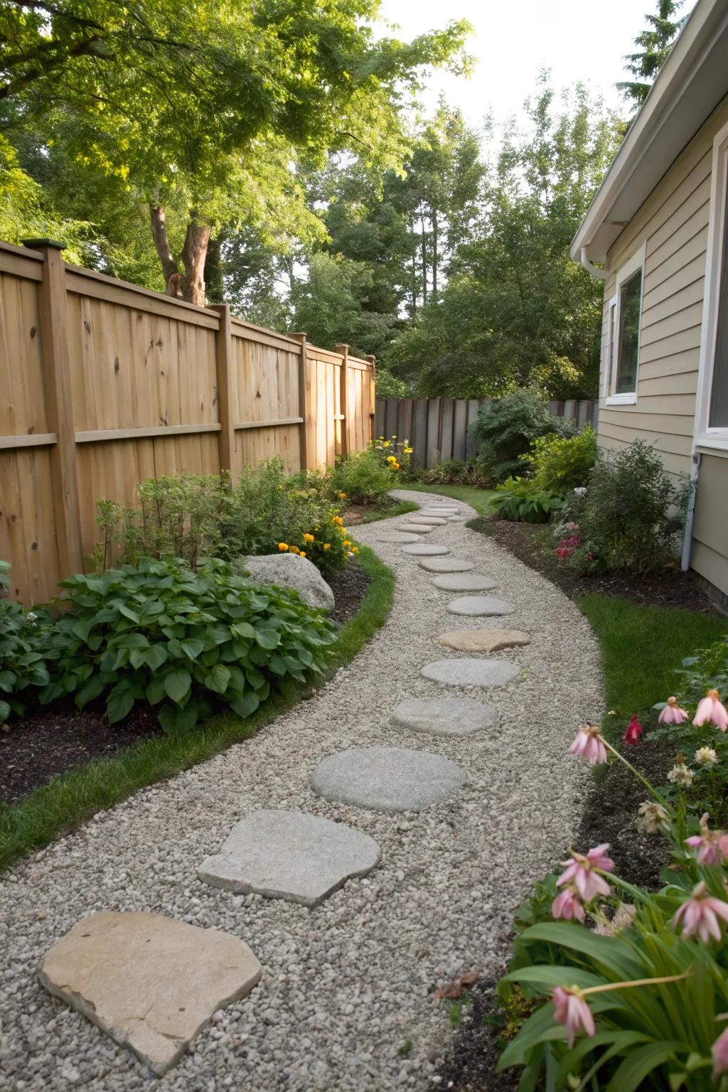 A gravel path supporting water runoff management in the backyard.