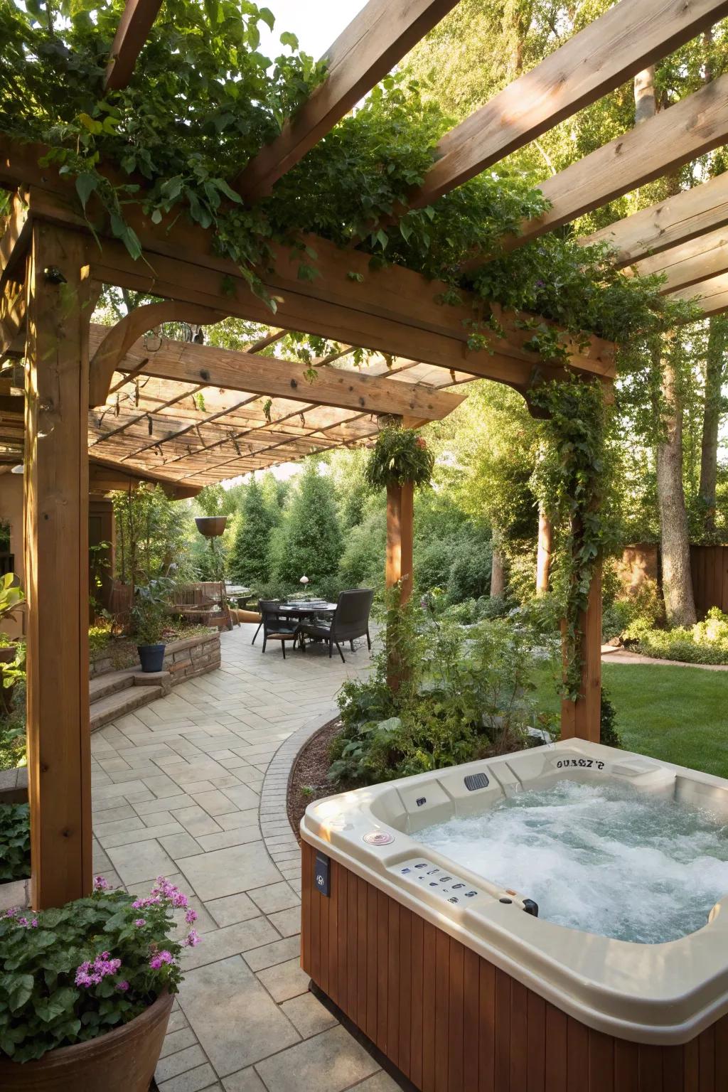A pergola adds shade and sophistication to your hot tub area.