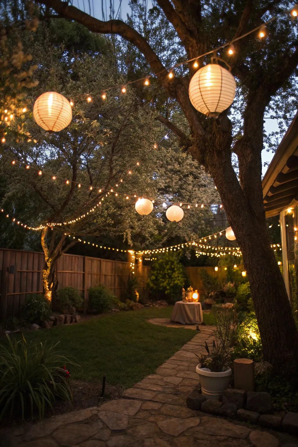 String lights and lanterns transform a backyard into a magical night escape.