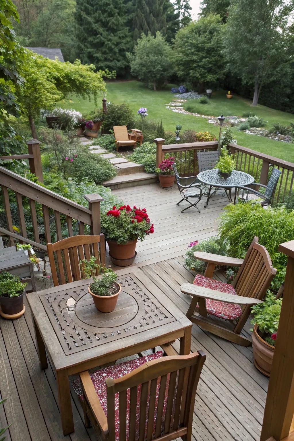 A platform creates a defined and raised sitting area.