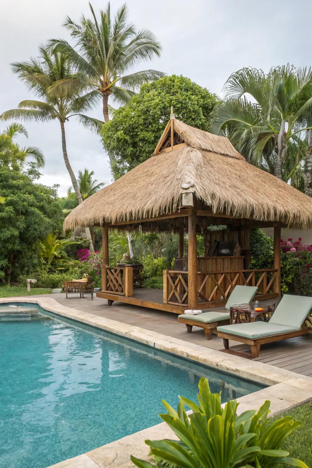 A swimming pool adds a refreshing element to your tiki retreat.