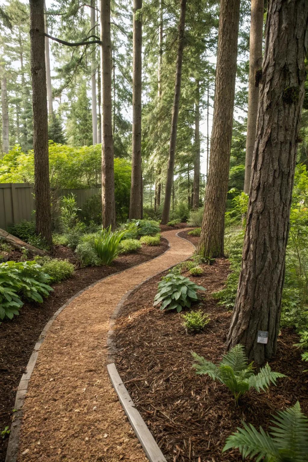 A mulch path winds through a forest-like setting in a backyard.