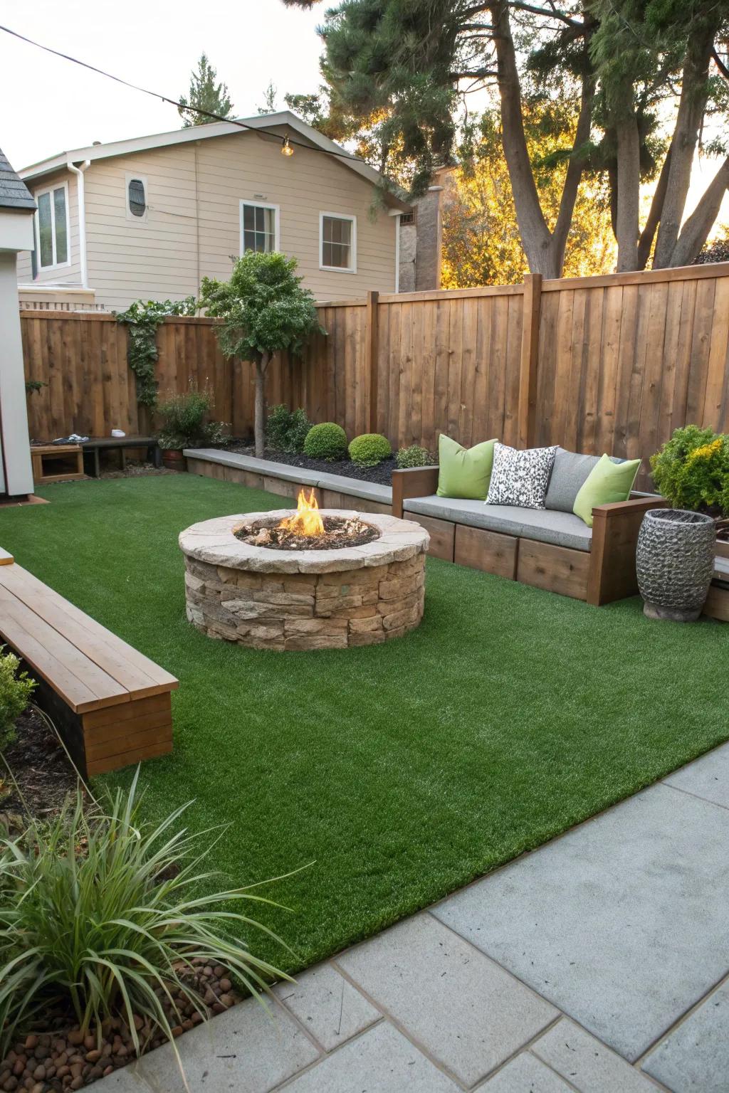A pleasant fire pit area bordered by plush turf.
