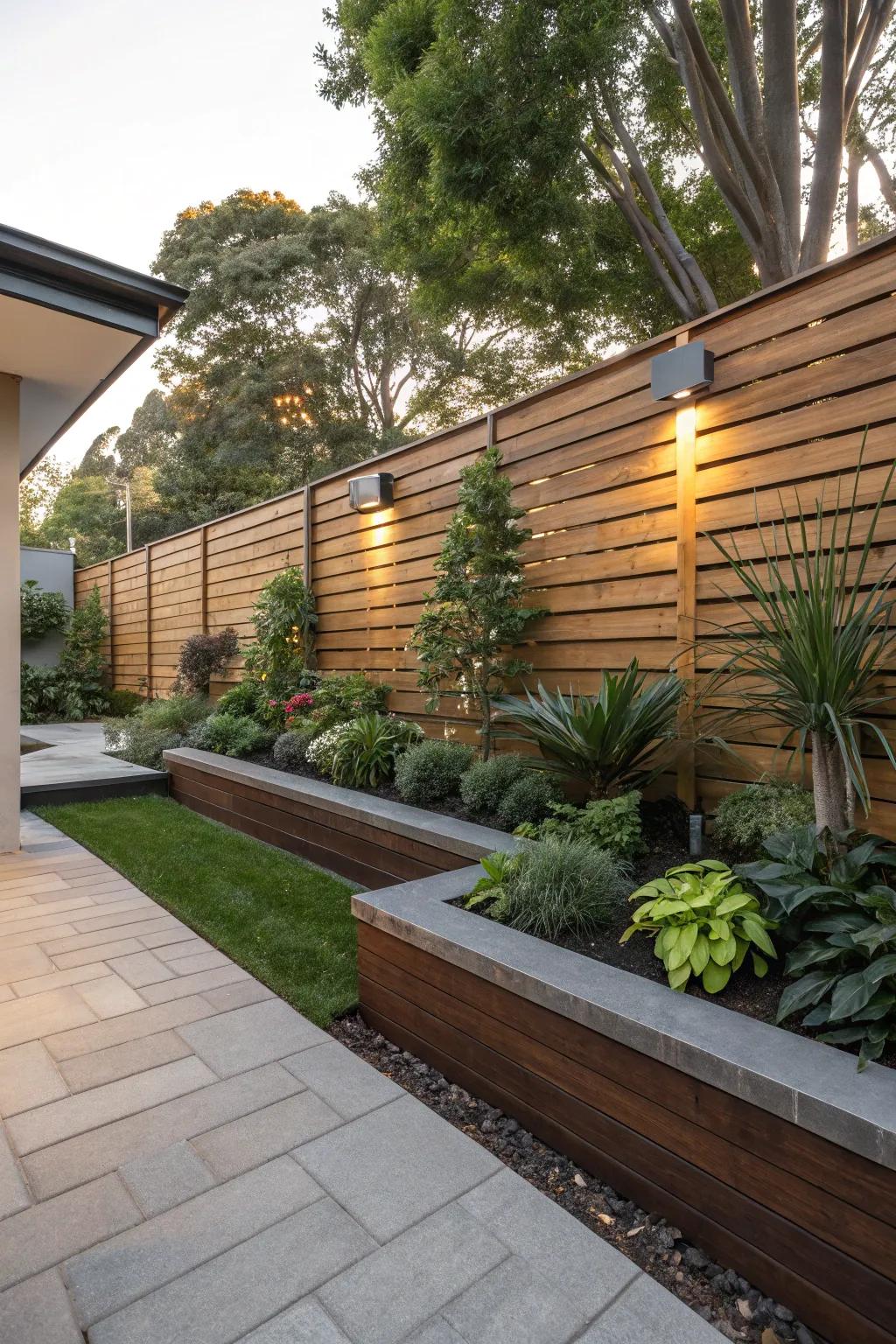 Wooden slat walls offer modern elegance.