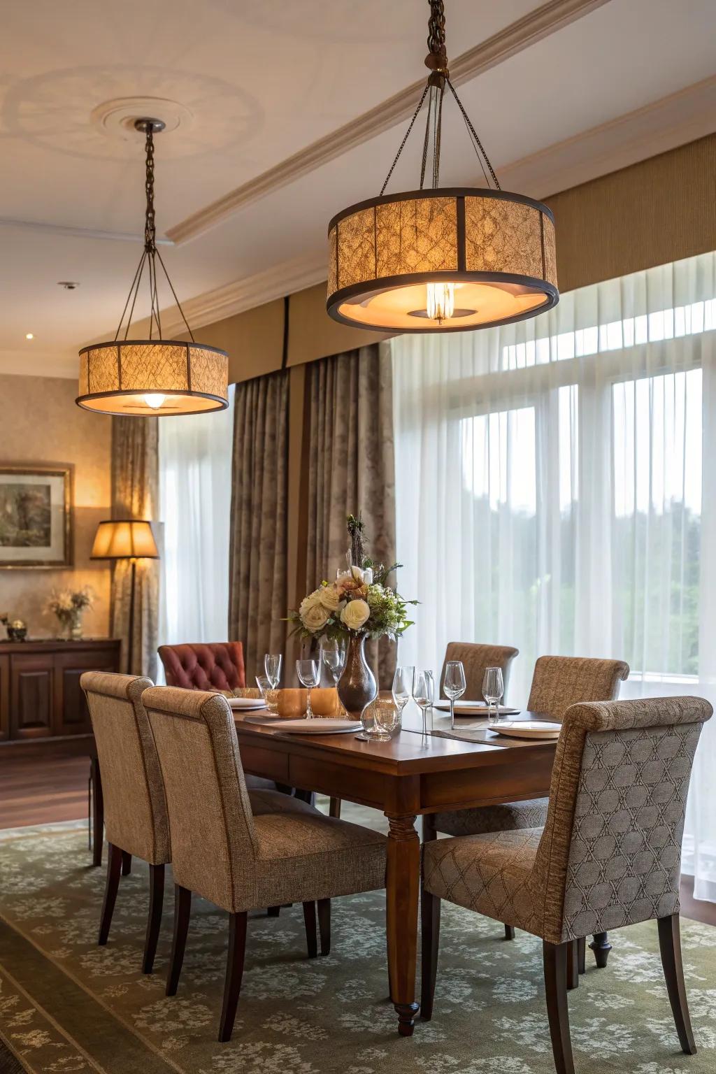 A dining area featuring light fixtures hanging precariously low.
