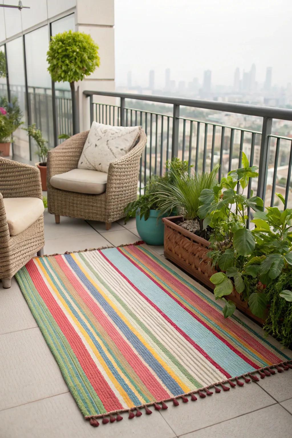 Outdoor textiles add warmth and color to your balcony.