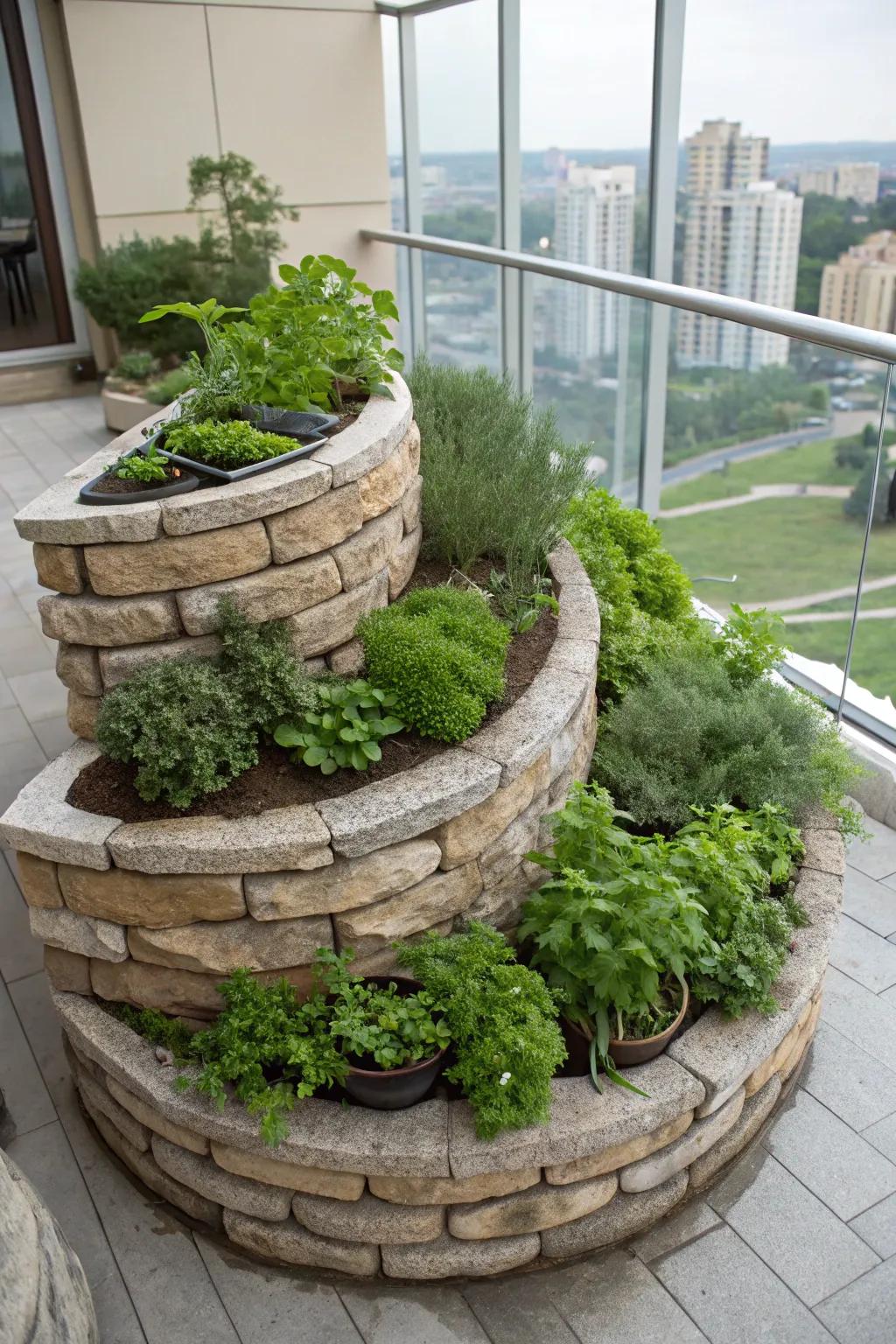 A spiral herb bed offers a clever design to cultivate multiple herbs within a limited space.