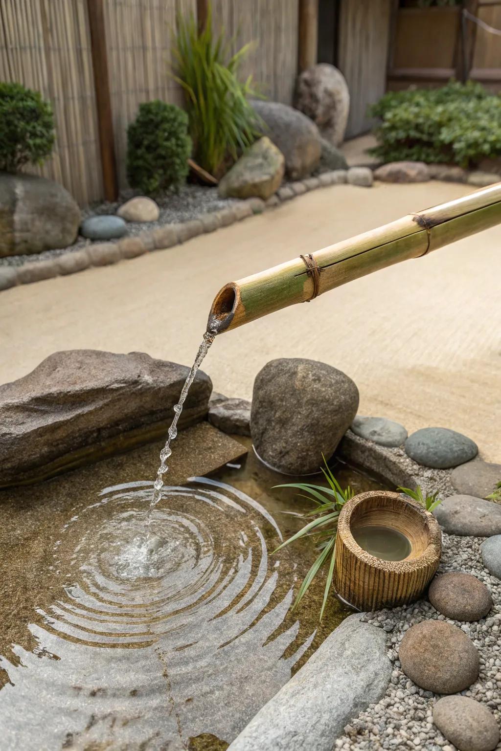 A peaceful Zen garden that includes a bamboo fountain.