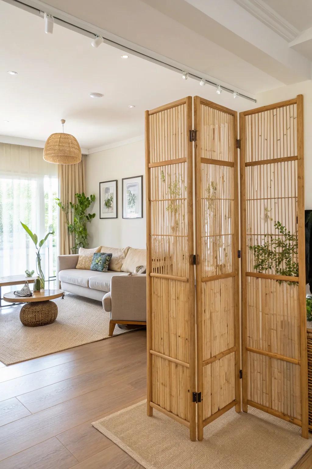 Bamboo room divider in an open space