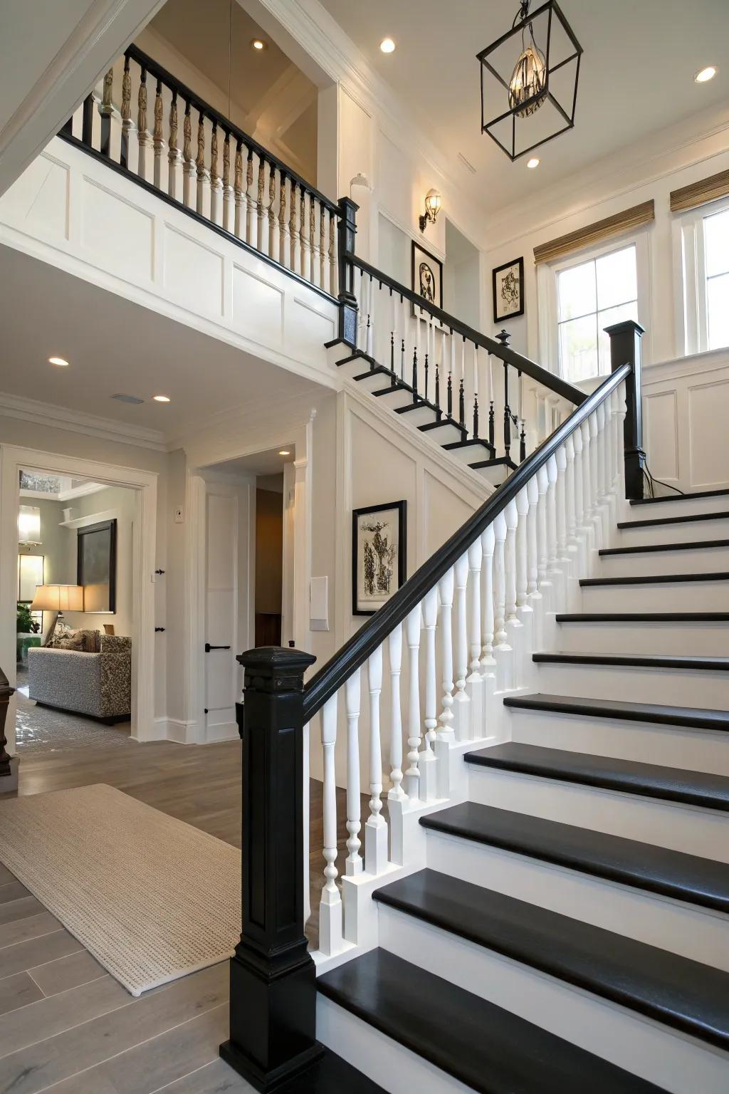 A striking and contemporary banister contrast of black and white.