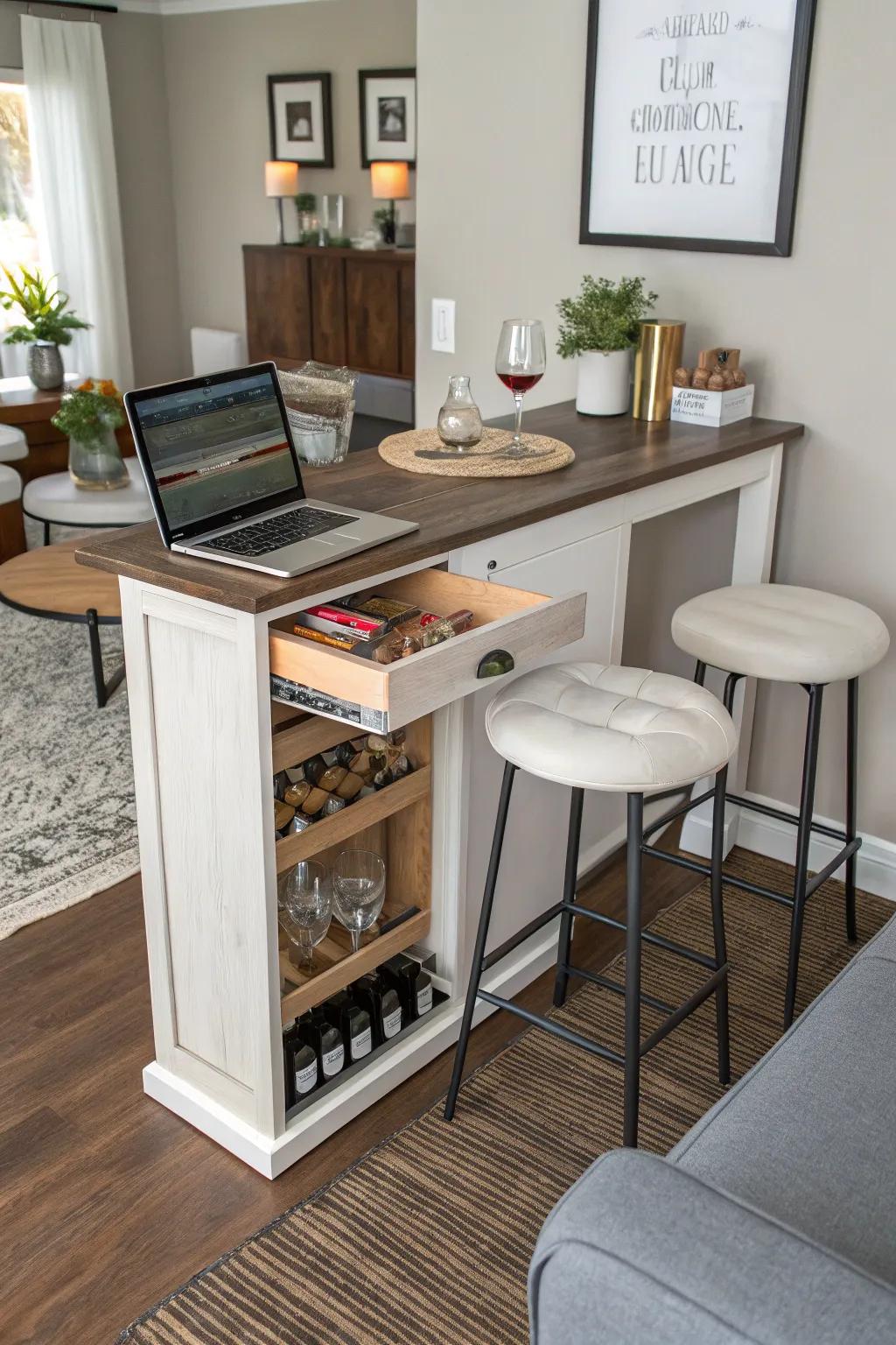 A practical and trendy convertible console table that serves as a bar.
