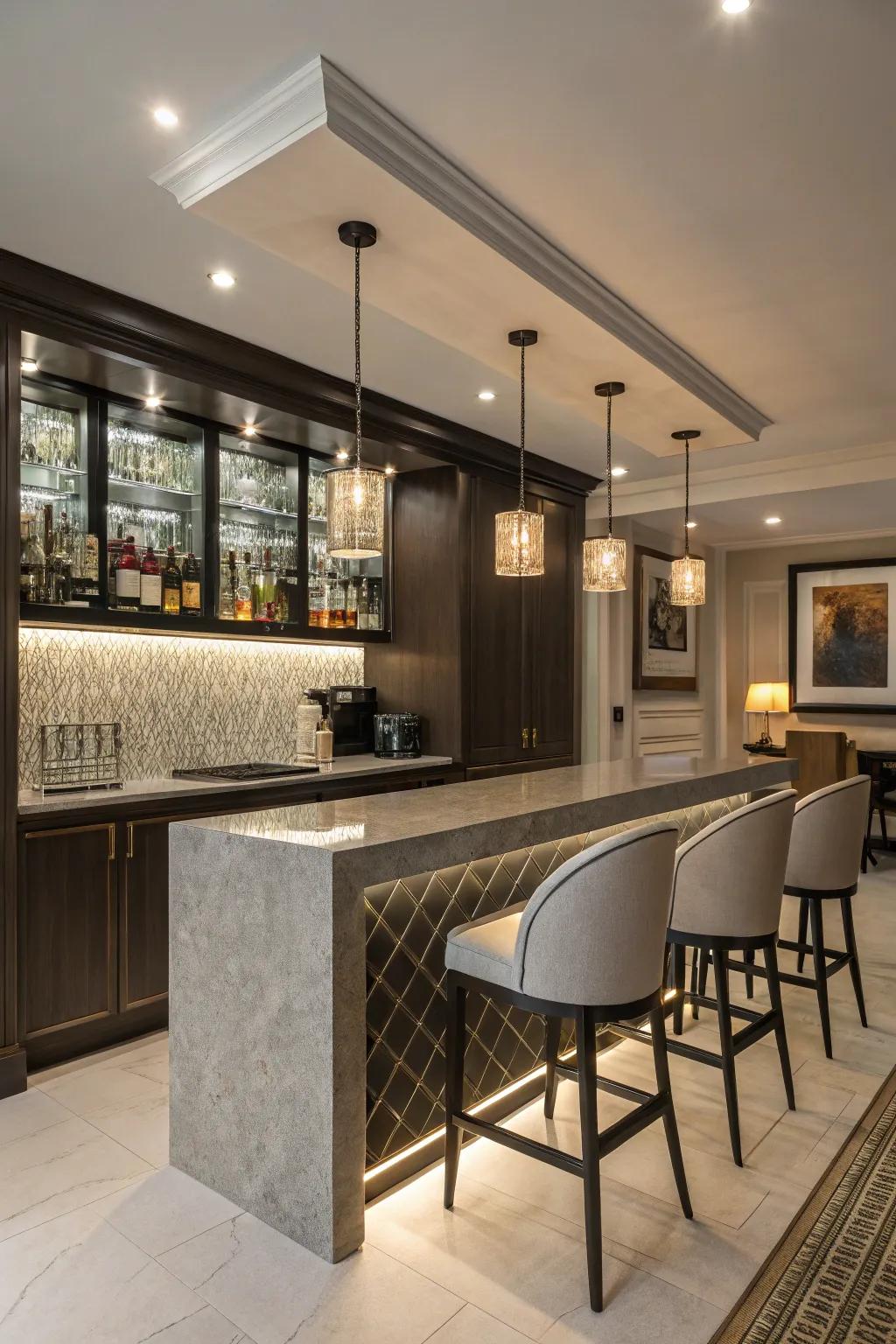 Modern fixtures contribute a polished and contemporary element to the bar.