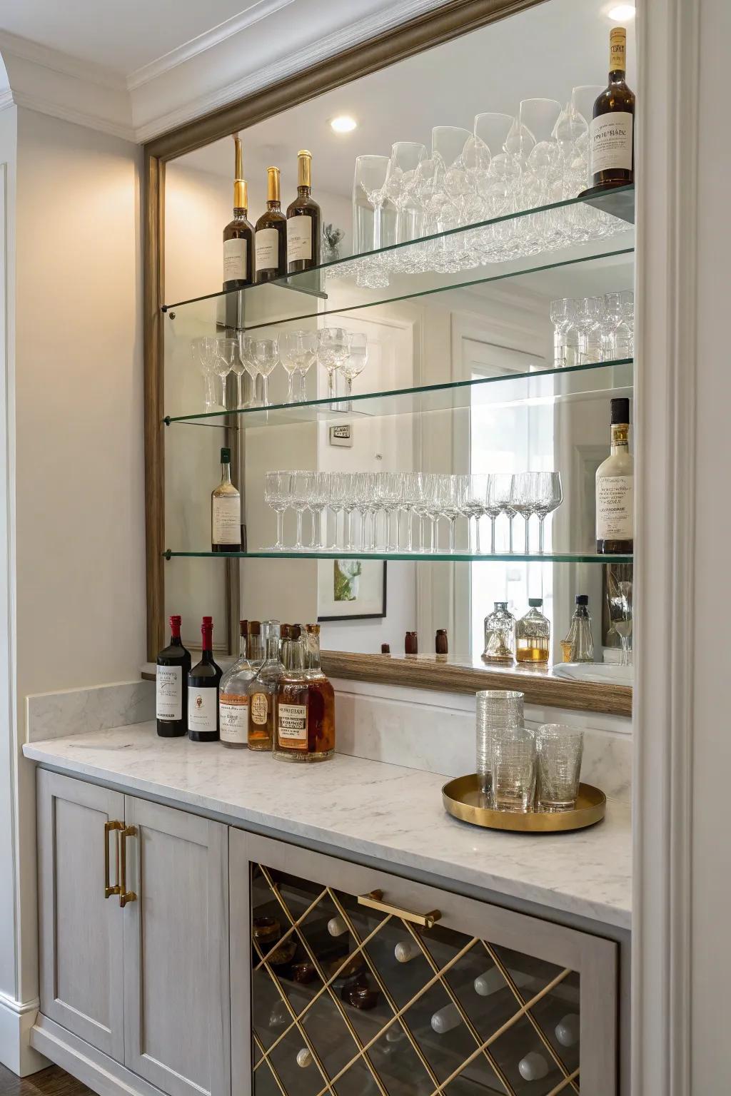 With mirrored shelves, modern minimalism produces a neat and fashionable home bar.