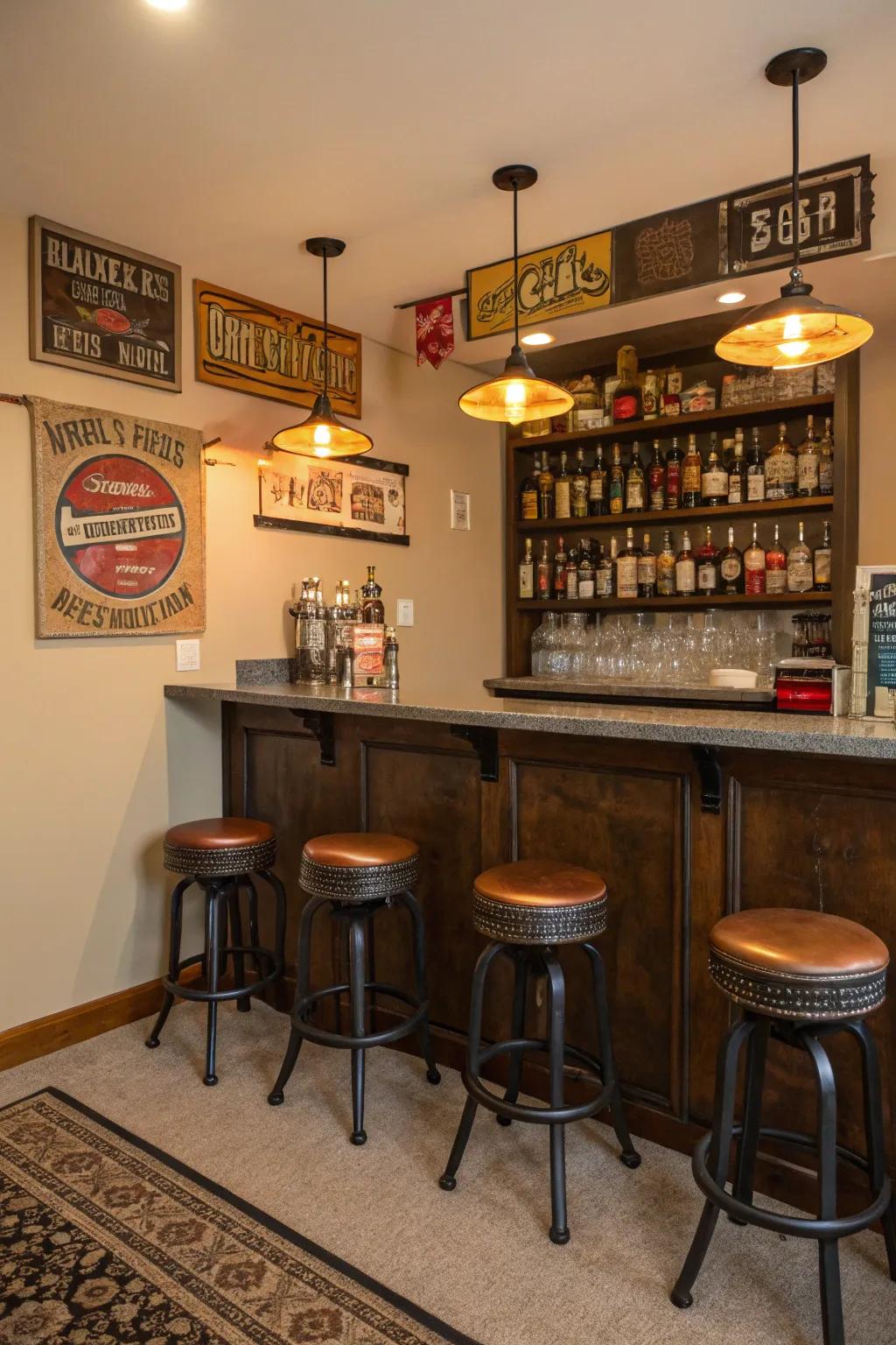 Vintage metallic signs impart a nostalgic sensation to any bar.