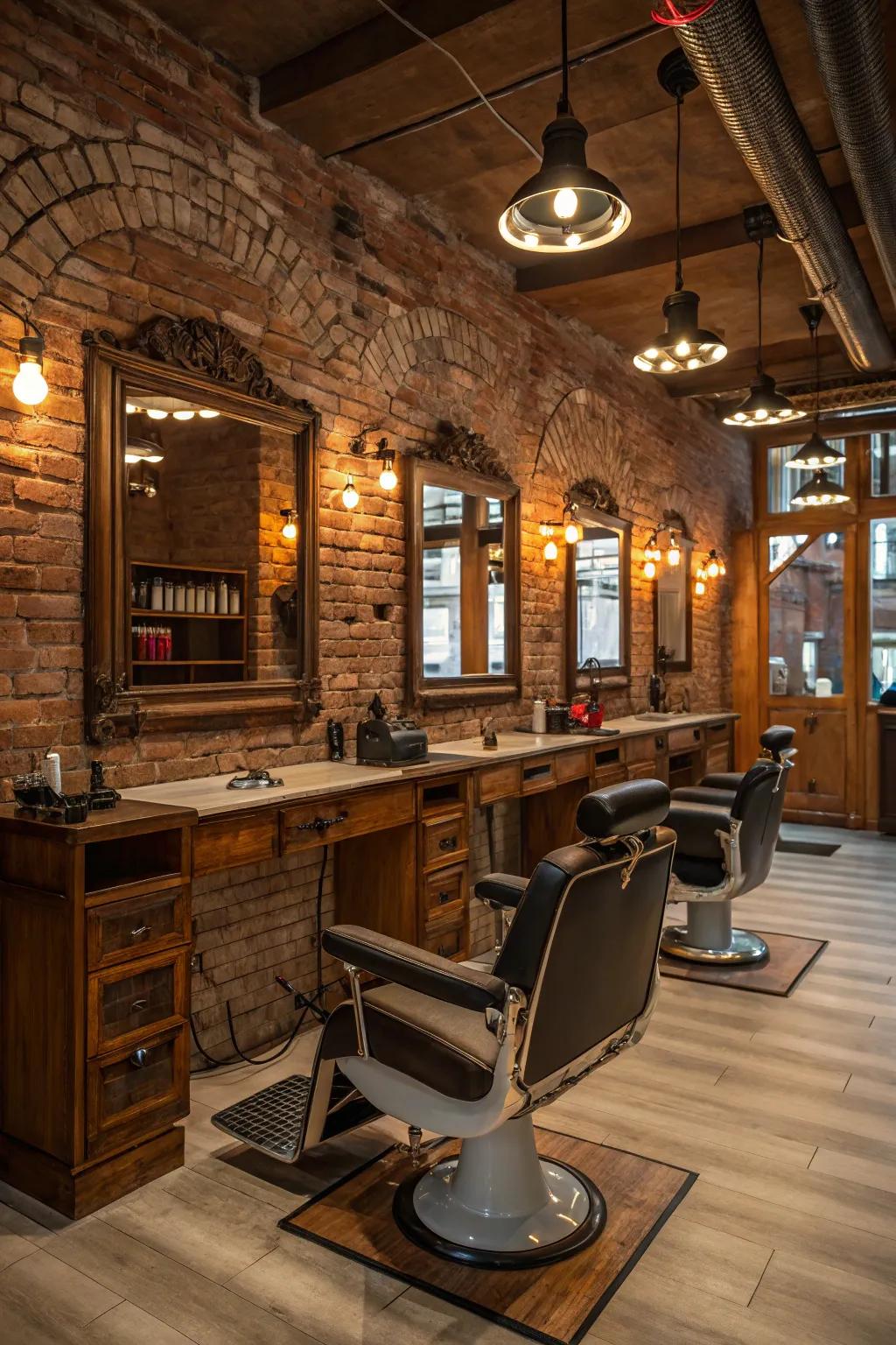 Earthy charm unites with warm lighting in an inviting barbershop.
