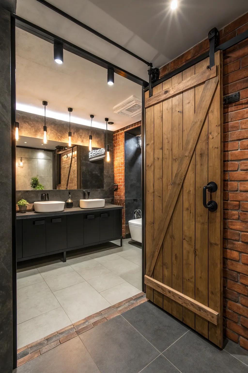 Assertive ebony fixtures introduce an industrial boldness to a chic bathroom.