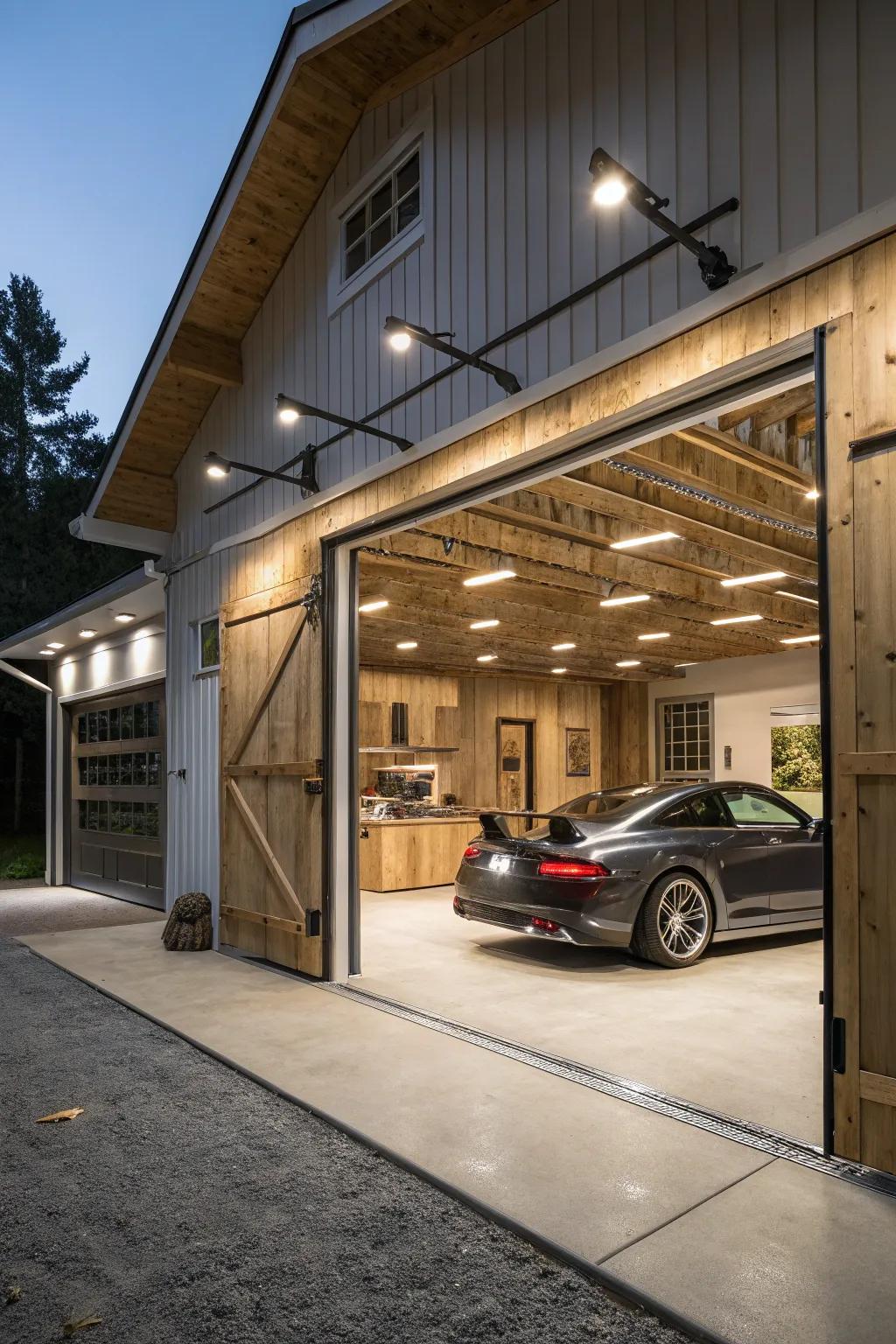 Contemporary lighting fixtures effortlessly brighten this barn garage.