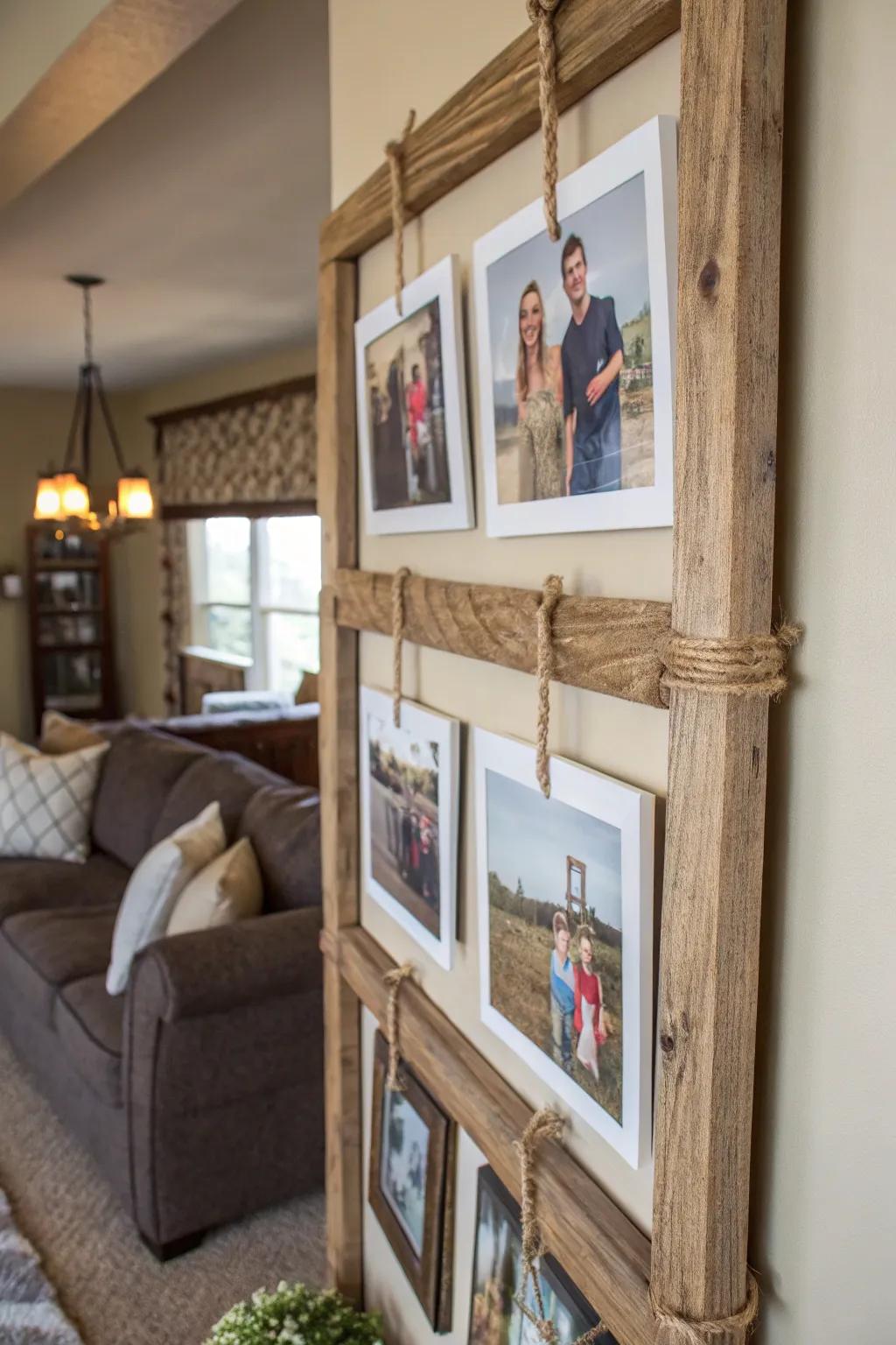 Do-it-yourself repurposed wood-look photo arrangement with plant fiber cable.