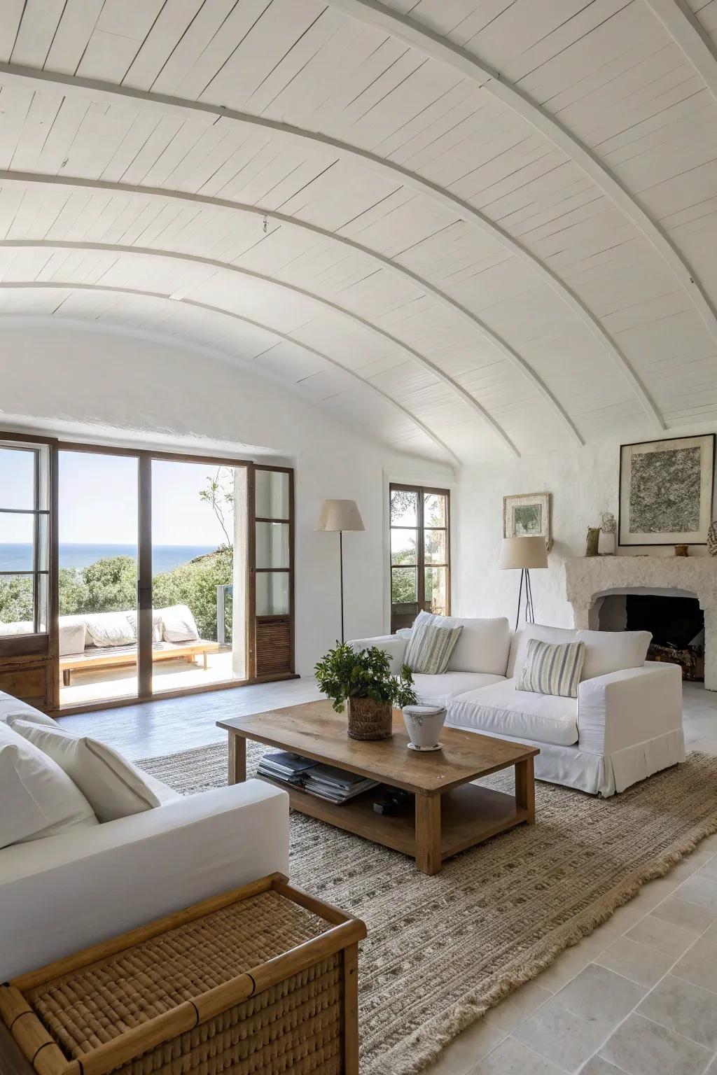 A contemporary understated living space showcasing an elegant arched ceiling.