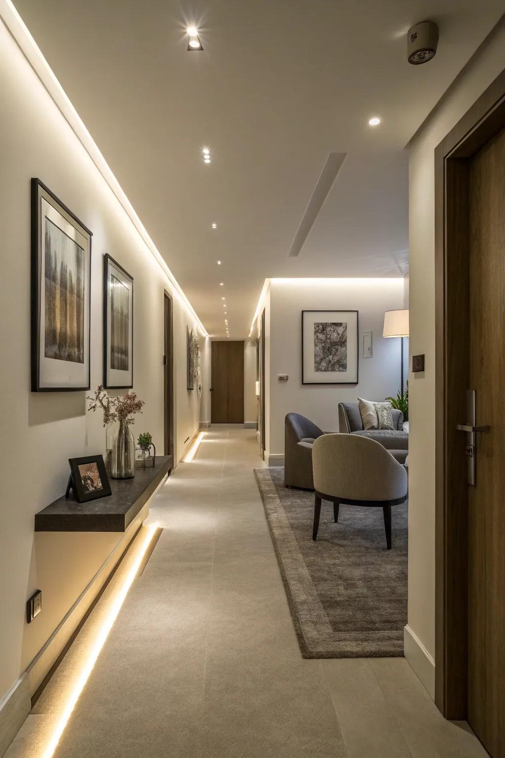 Hallway featuring baseboard trim integrated with LED lighting.