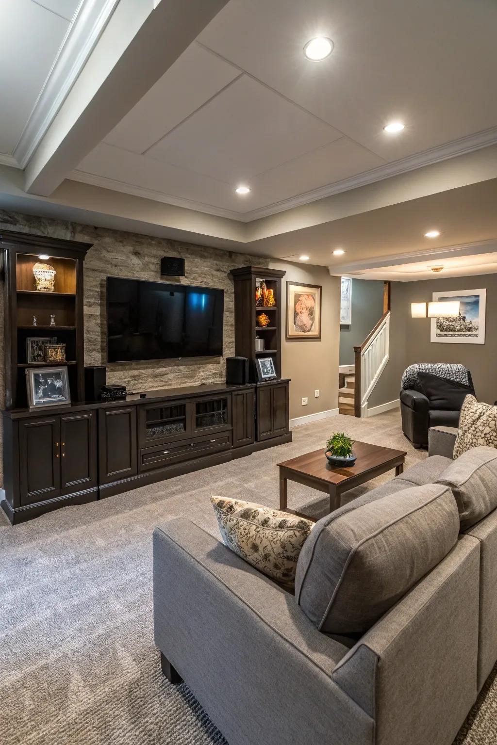 An entertainment hub acts as the centerpiece of this family-friendly basement.