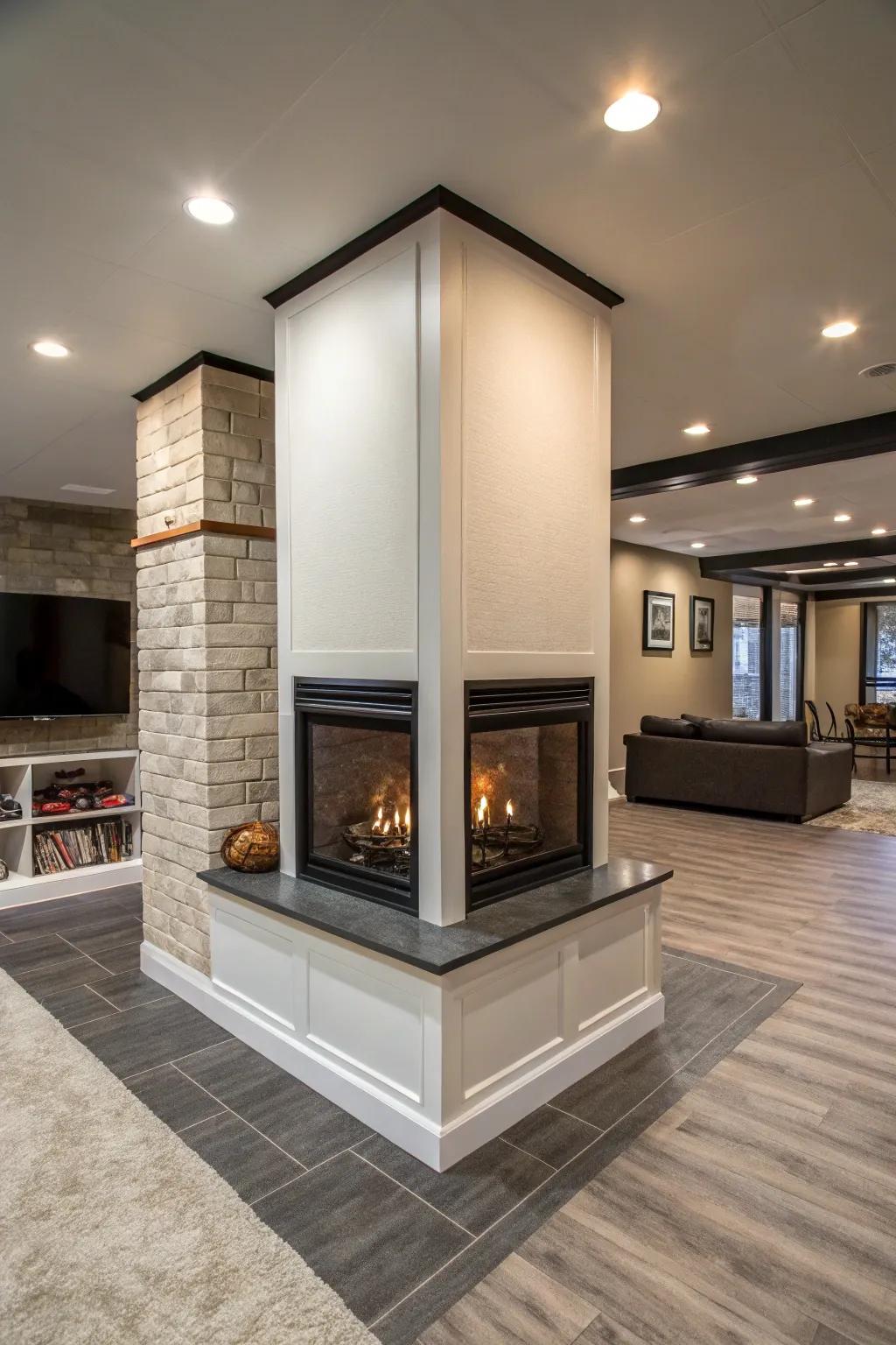 Multi-faceted fireplaces enhance both appearance and visibility.