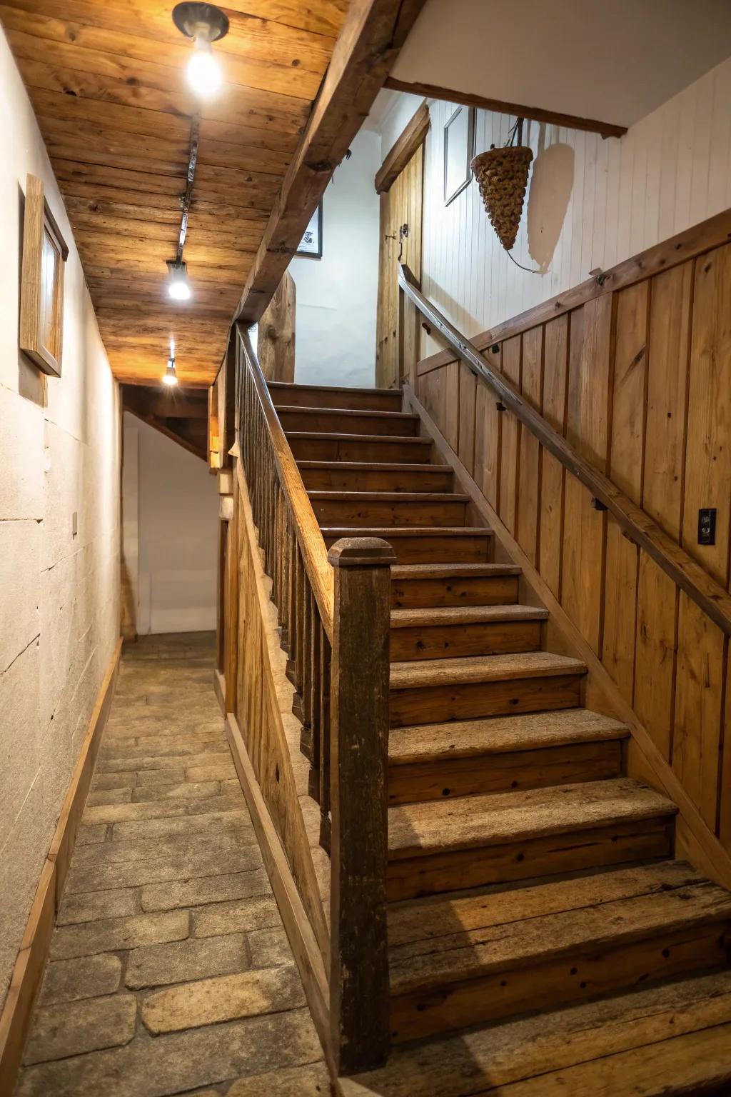 Rustic wooden elements add warmth and charm to the stairwell.