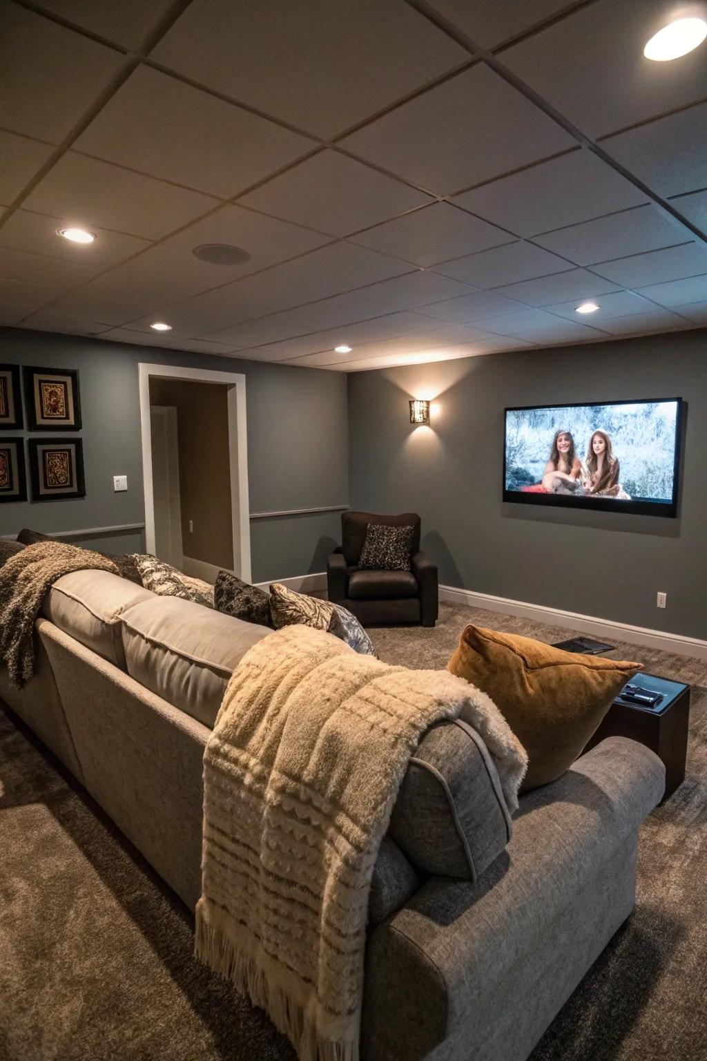 A comfortable basement TV area featuring inviting sofas situated for optimal viewing pleasure.