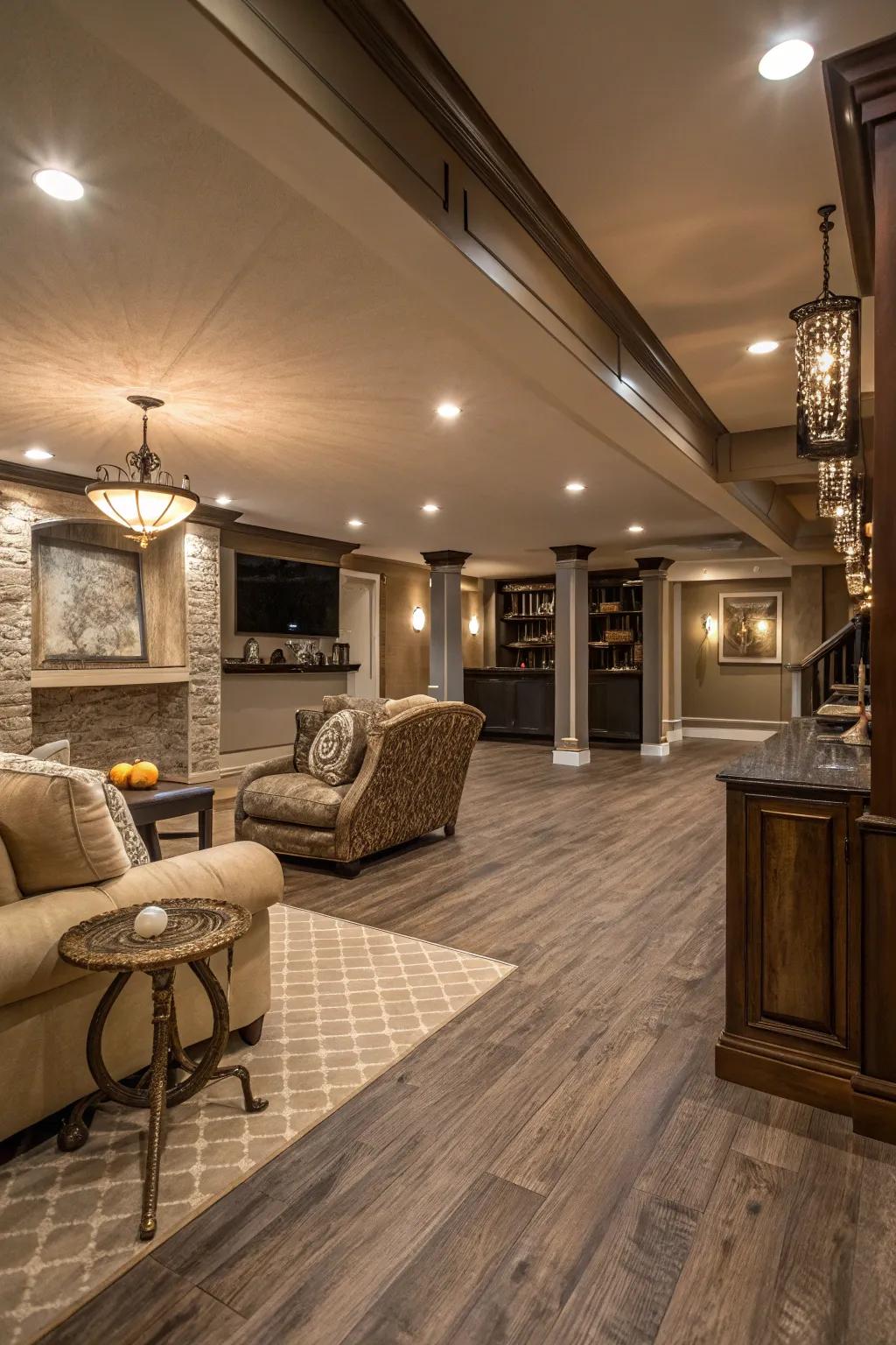 Deluxe vinyl planks provide an elegant hardwood resemblance.