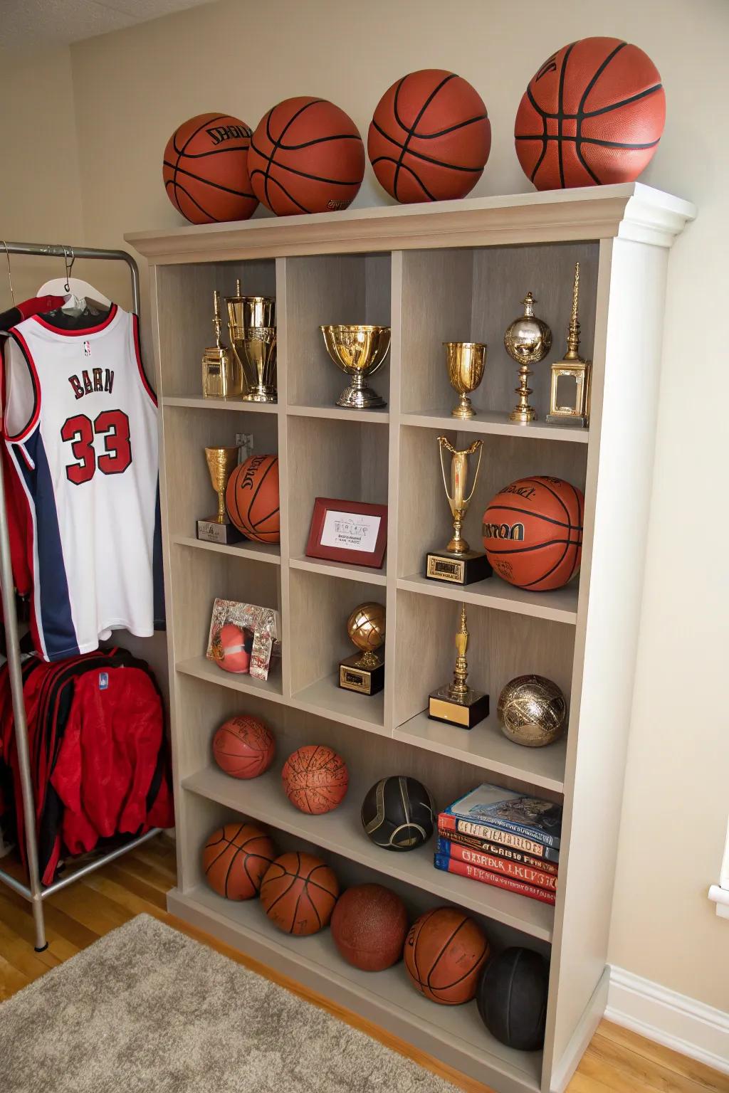 Practical shelving featuring motifs inspired by basketball.