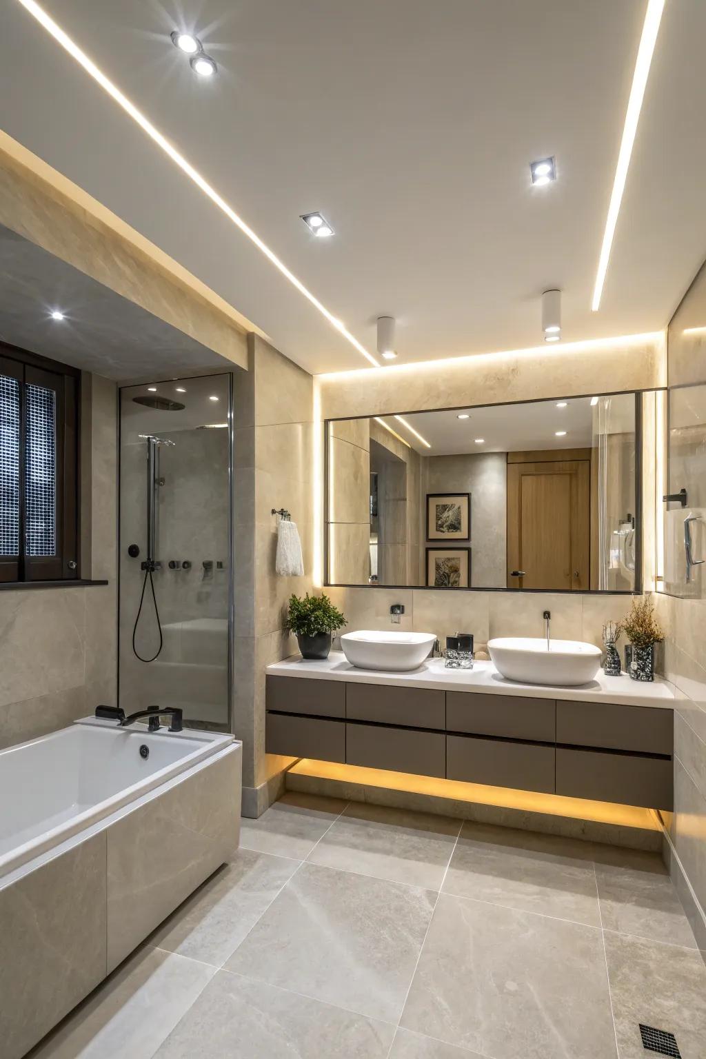 Recessed lighting delivers a sleek visual, enhancing the contemporary appeal of any bathroom.