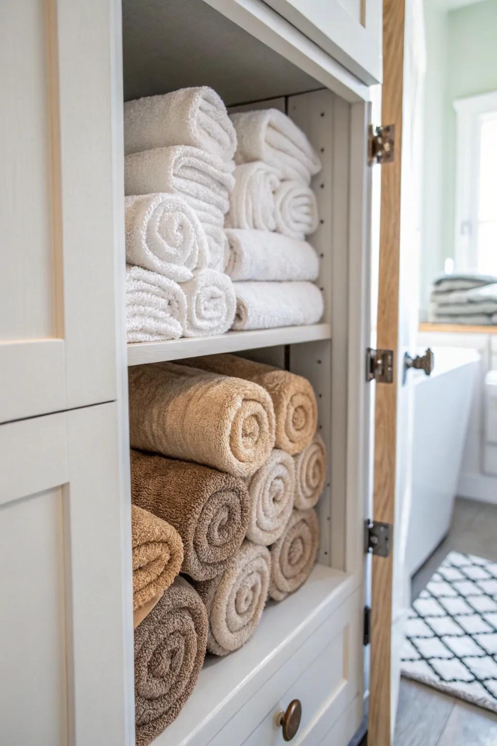 Rolled towels lend a spa-like atmosphere to your closet.
