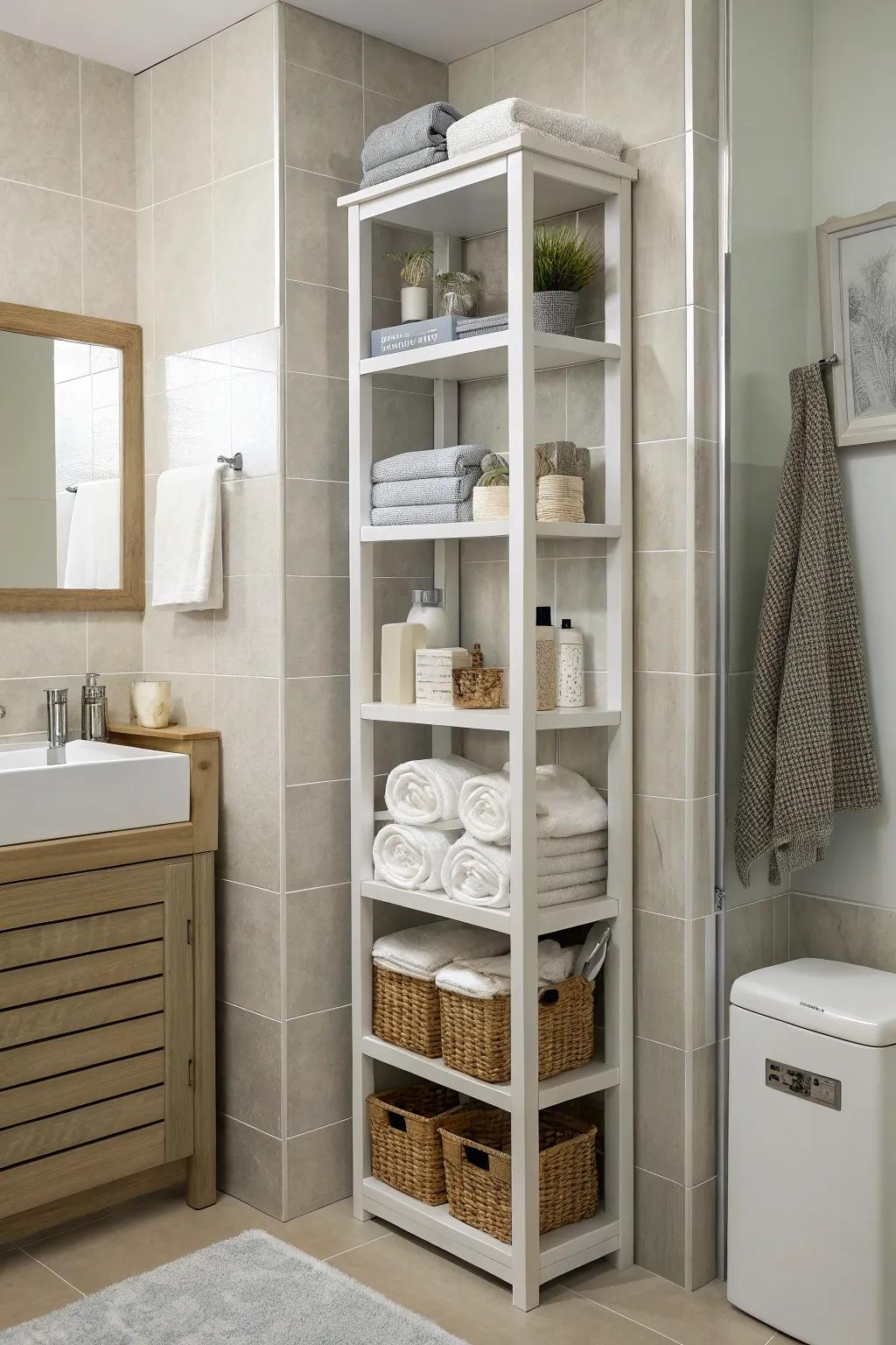 A high shelving unit takes full advantage of vertical space for maximum storage efficiency.