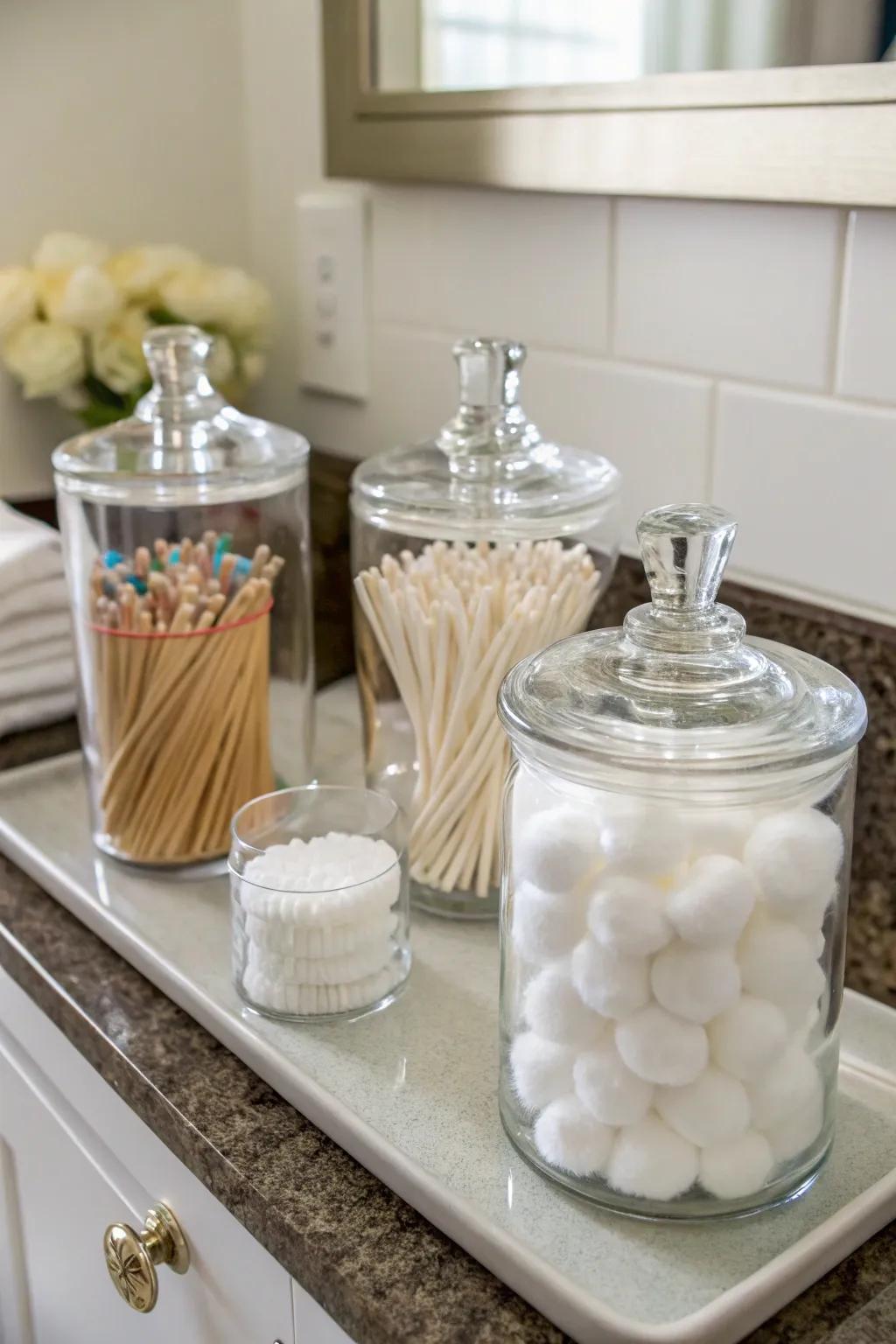 Glass jars keep your essentials neatly arranged and easily accessible.