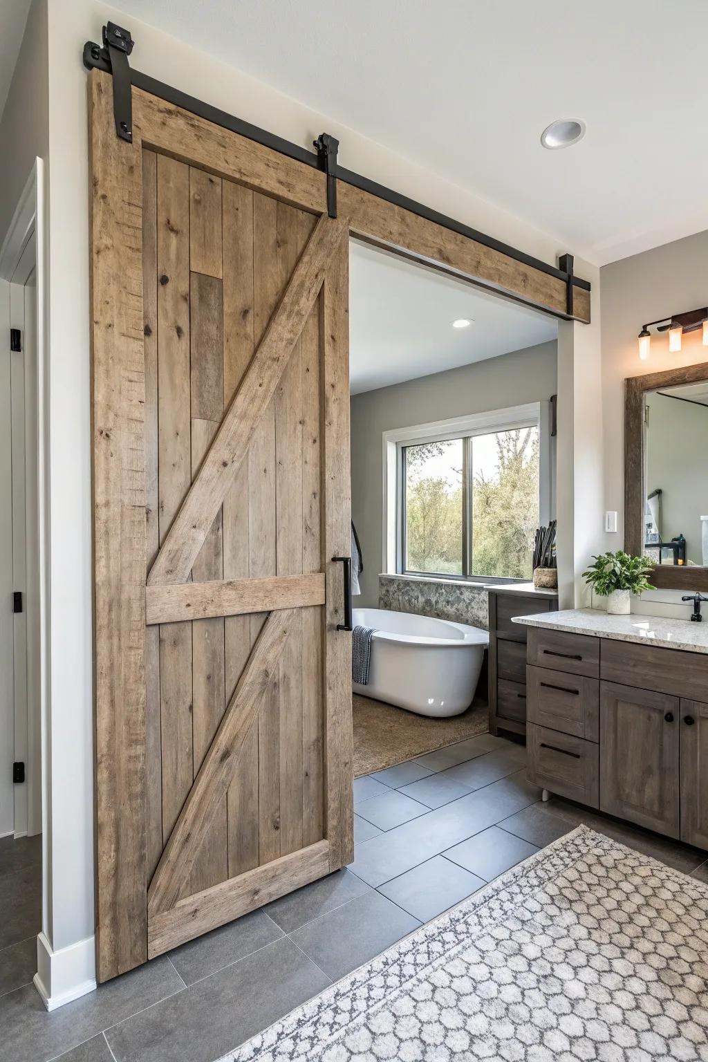 Sliding barn doors combine rustic charm with modern efficiency.