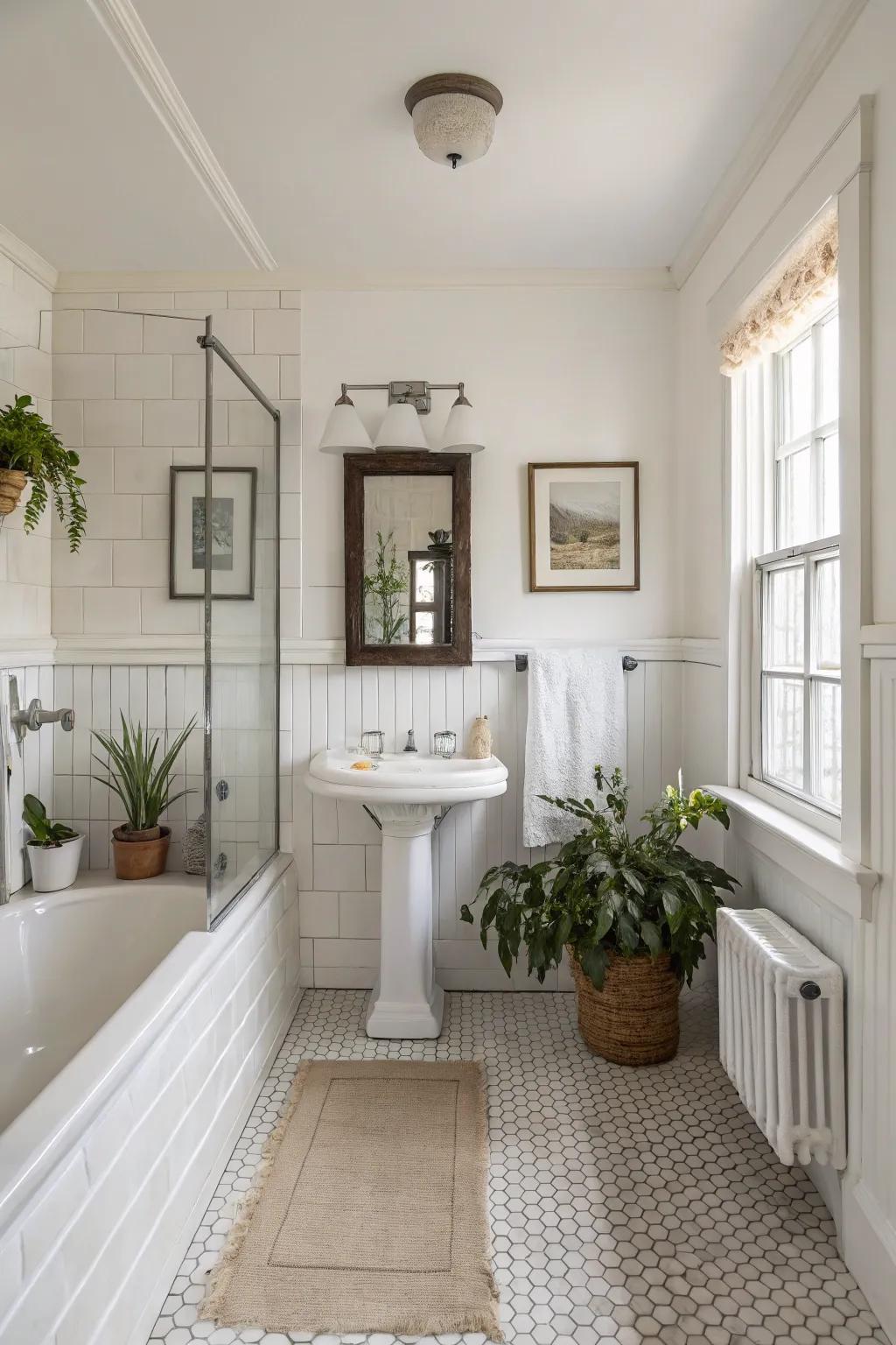 Pristine white walls offer a timeless and airy bathroom feel.