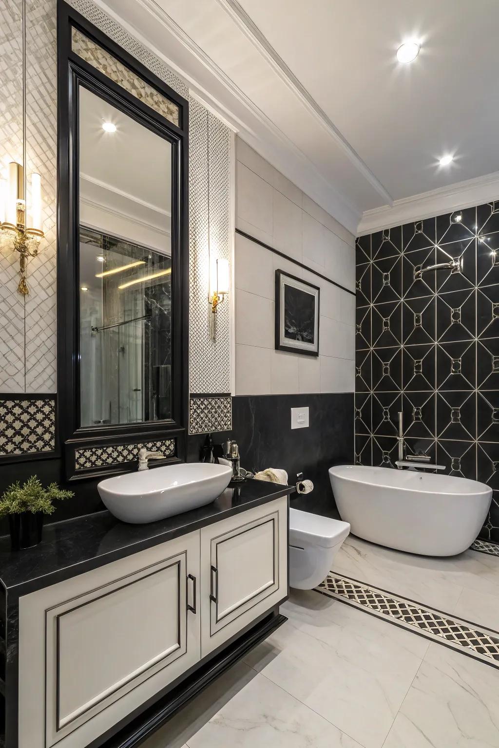 A sophisticated black and white bathroom exuding modern charm.
