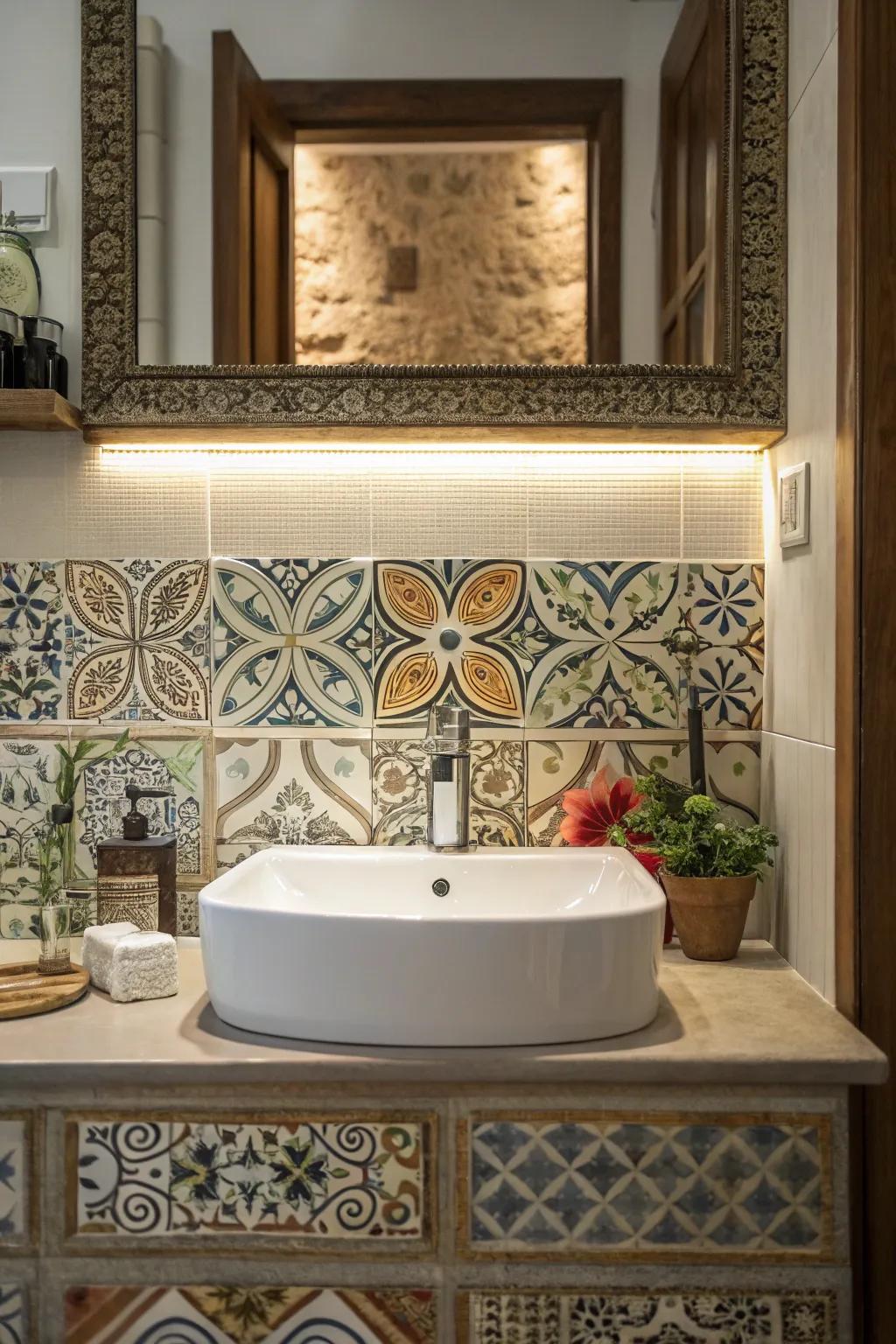 Detailed tiles and backdrops for a stunning sink space.