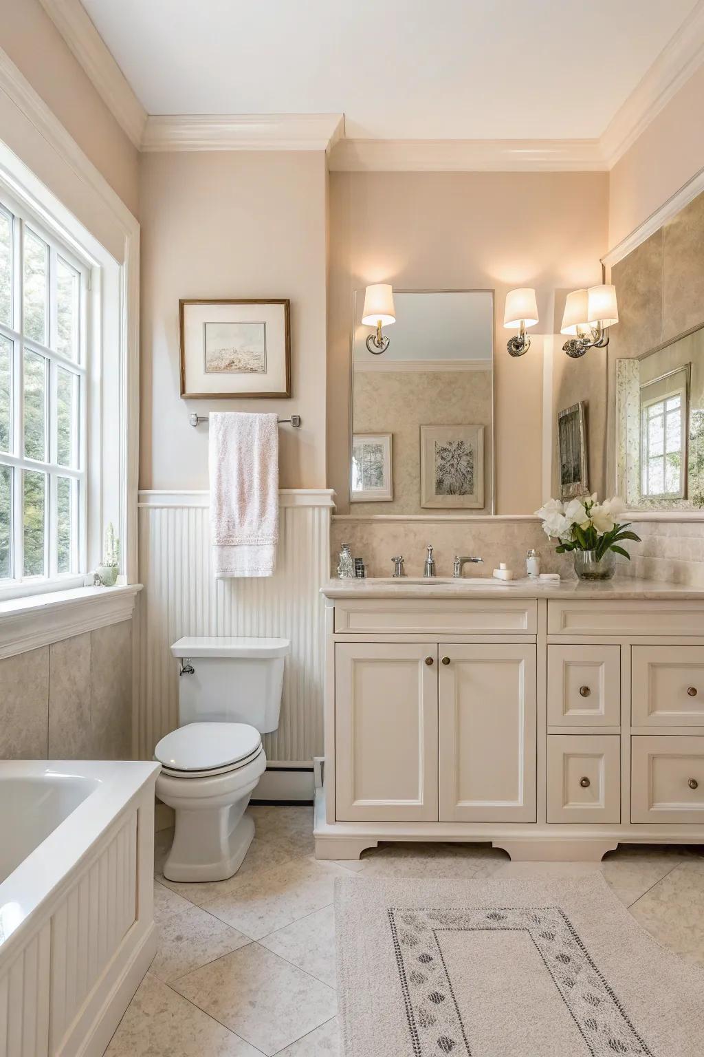 Neutral edging fosters a soothing and spa-like ambiance.