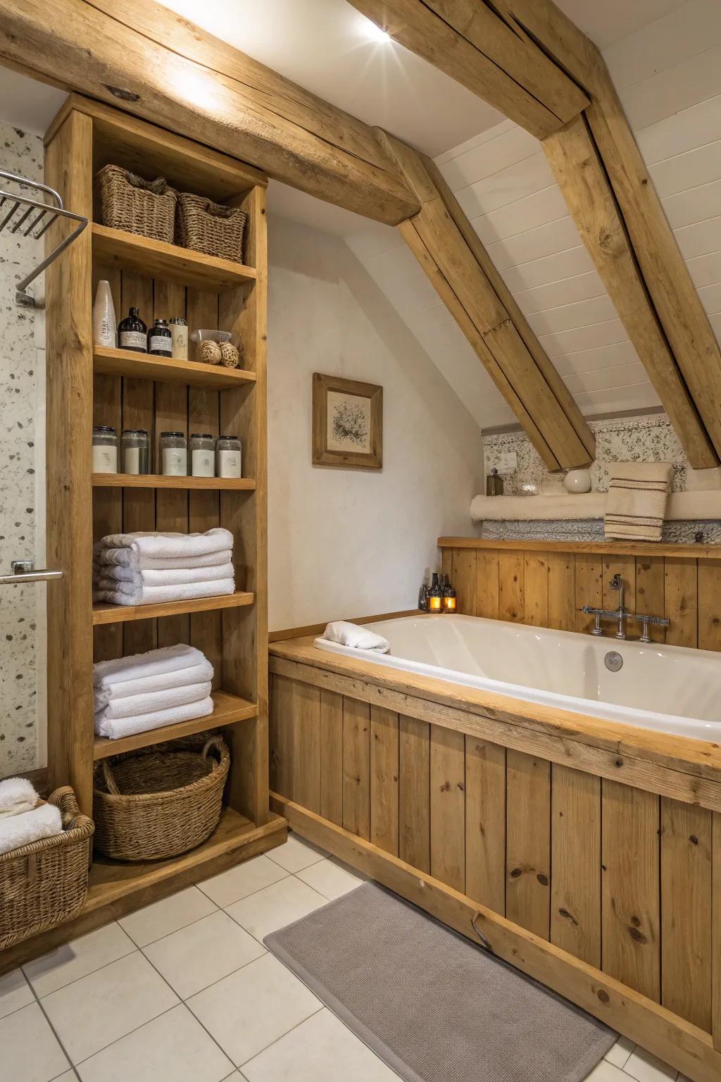 Warm up your bathroom with rich wood accents.