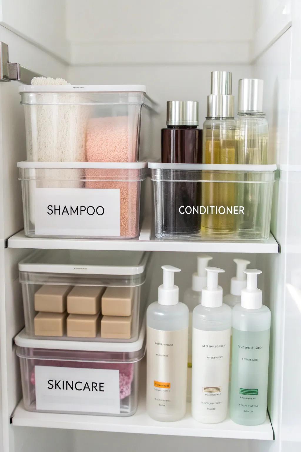See-through containers maintain clear and tidy cabinet contents.