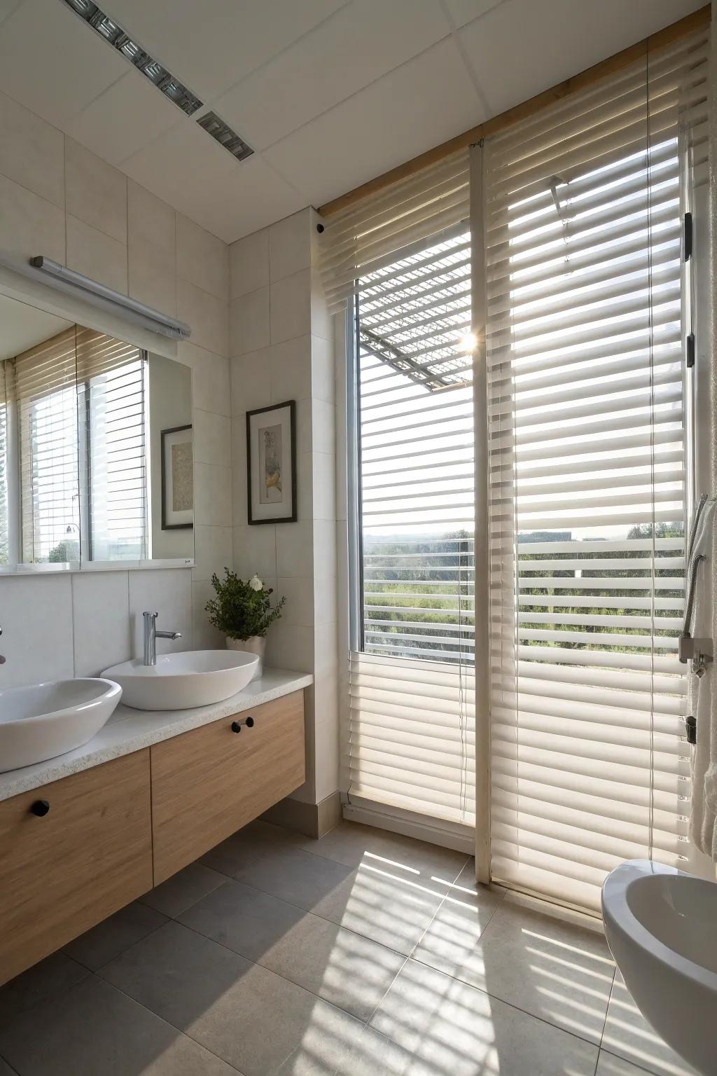 Handy blinds offer customizable light and privacy in the bathroom.