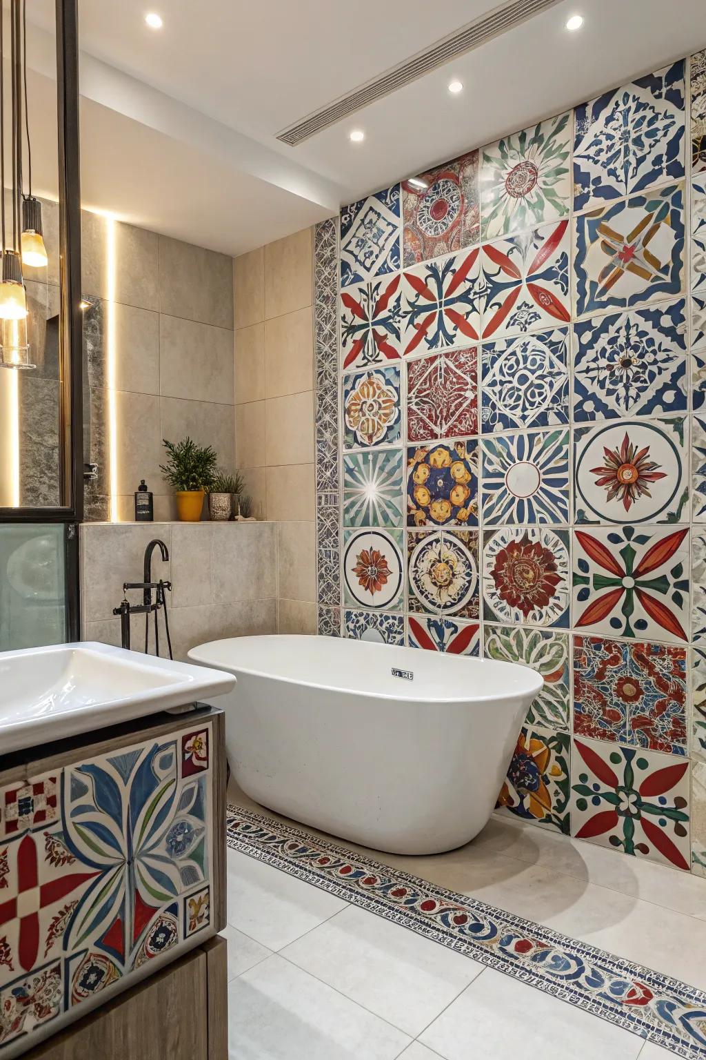Striking tile designs bring character and flair to this tub area.