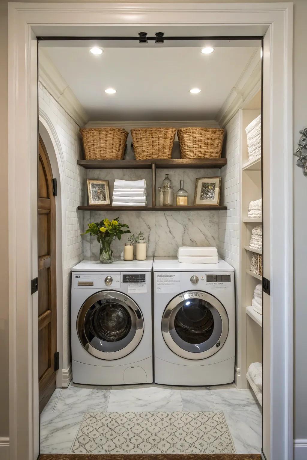 Creative use of an alcove to house laundry appliances.
